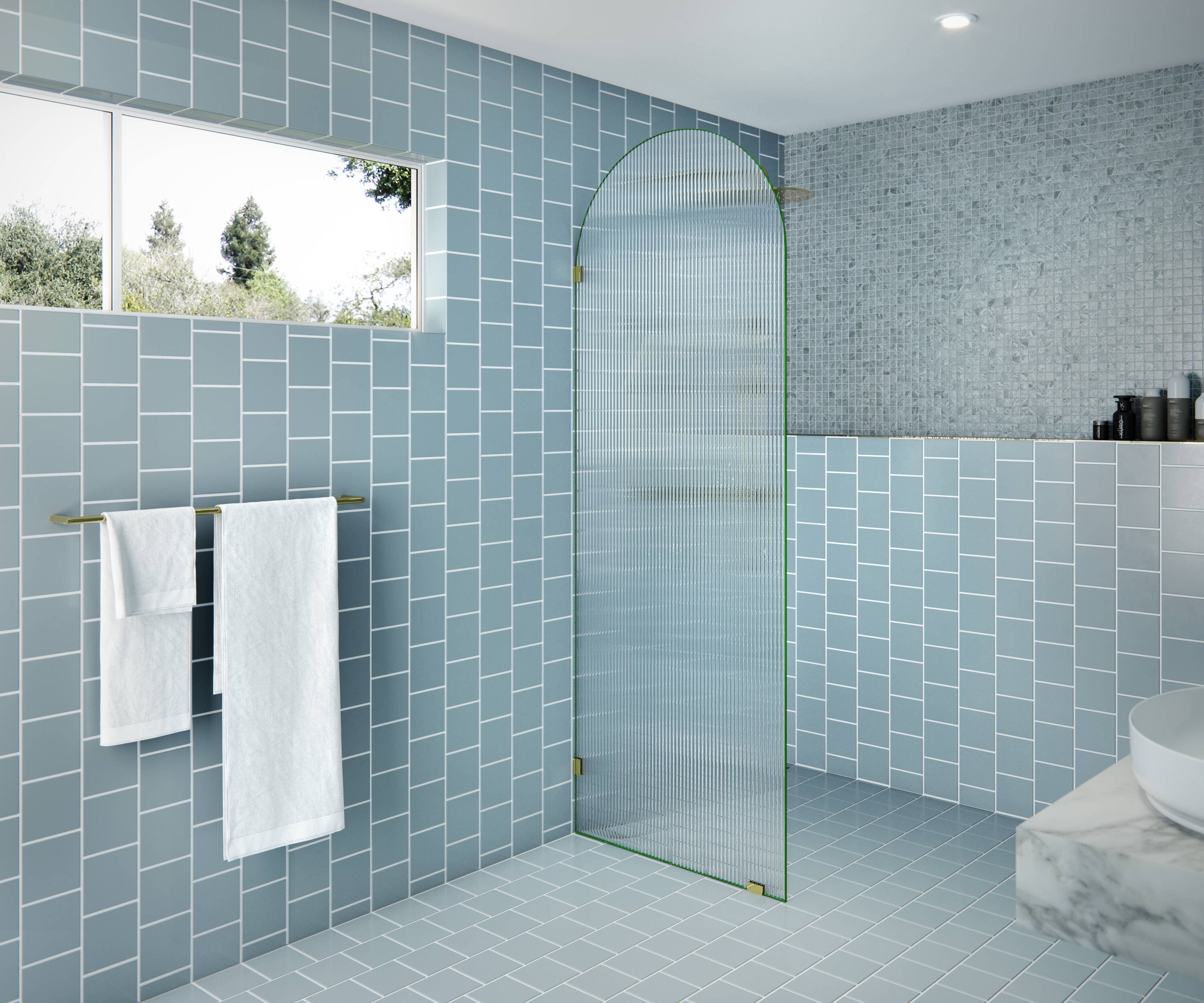 Glass Warehouse ARC-FL-30-PB Maven Polished Brass 30-in W x 86.75-in H Frameless Tempered Glass Fixed Shower door
