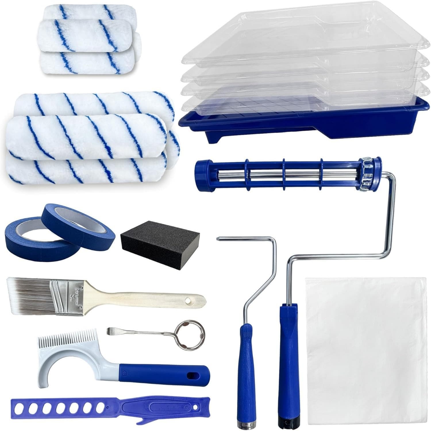 OGETFUUR 23-Piece Blue Paint Roller Kit with Paint Tray Liners Brushes Drop Cloth and Tape for Walls Ceilings Trim and Home Painting