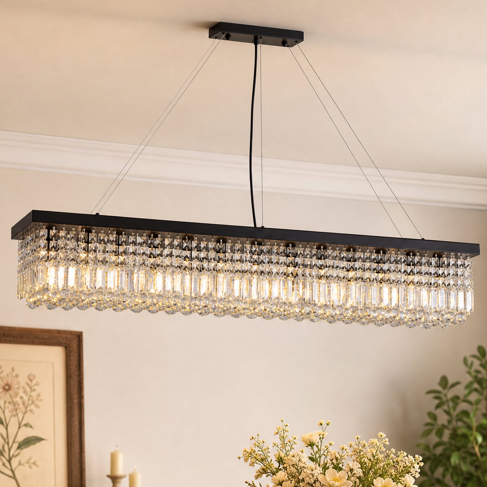 SILJOY 56-in Modern Matte Black Linear Clear Crystal Chandelier 13-Light E12 Rectangular Pendant Light Adjustable Height for Dining Rooms Kitchen Islands and Living Rooms