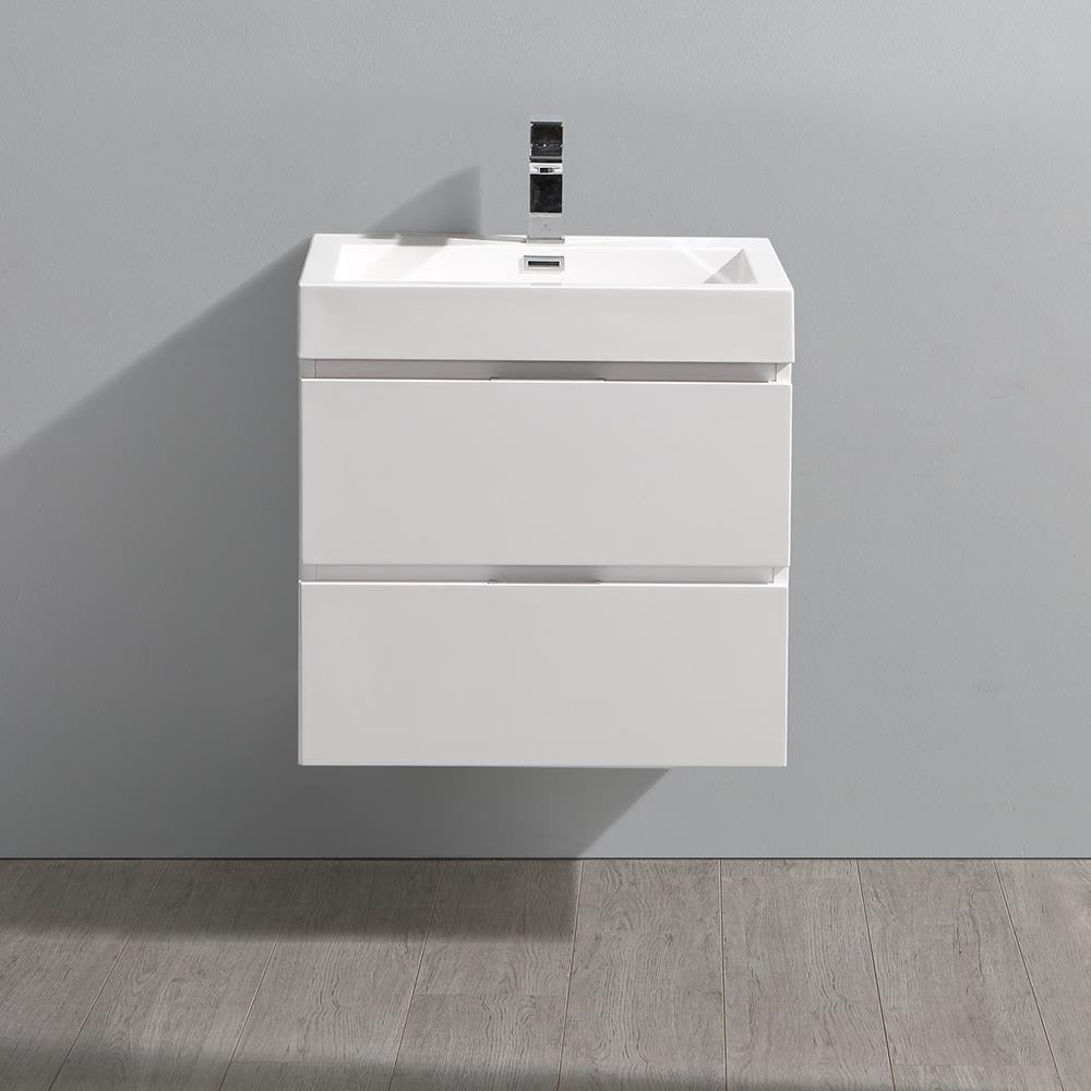 Glossy White 24" Wall-Mount Bathroom Vanity with Acrylic Sink