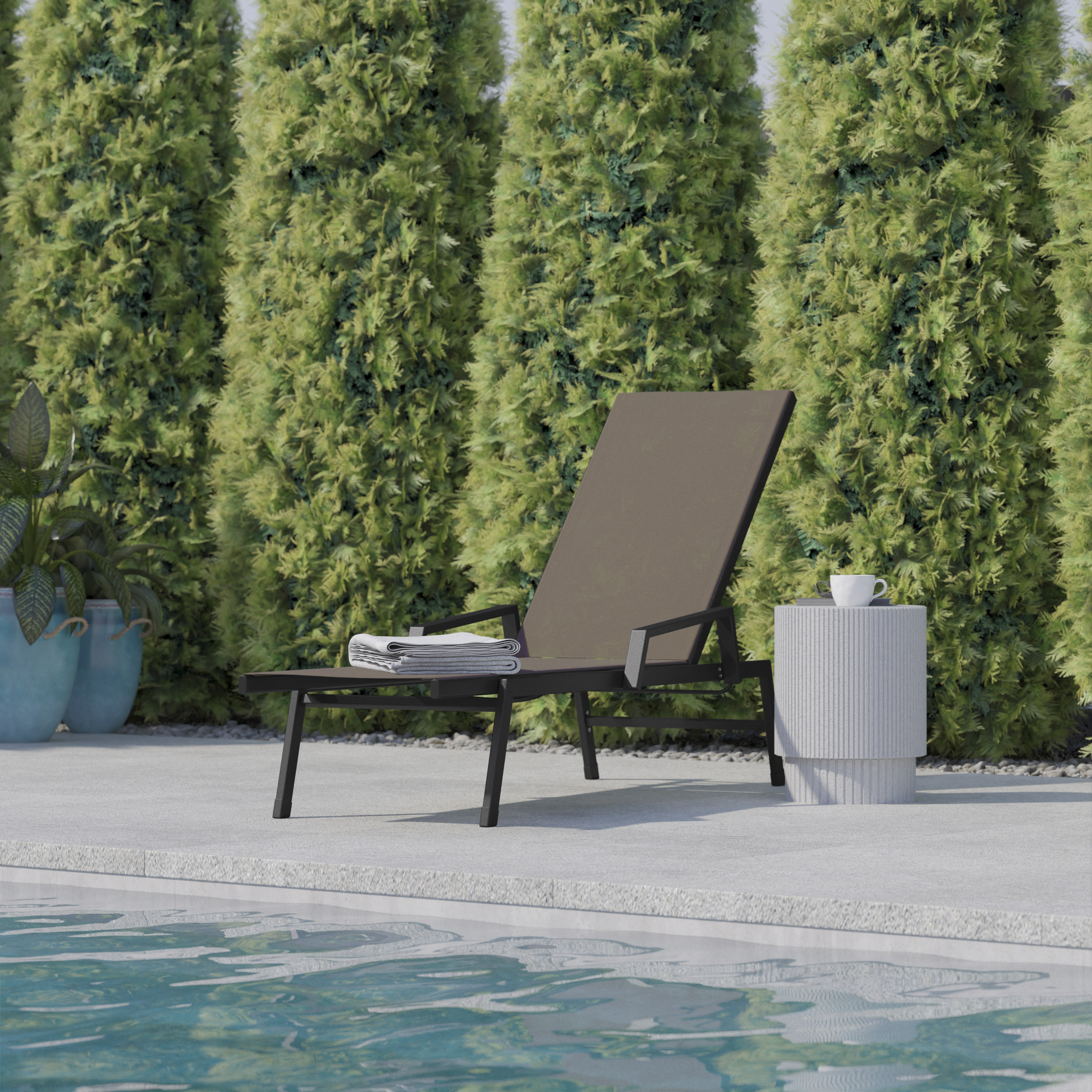 Brazos 62.5" Adjustable Outdoor Lounger in Black/Brown with Arms