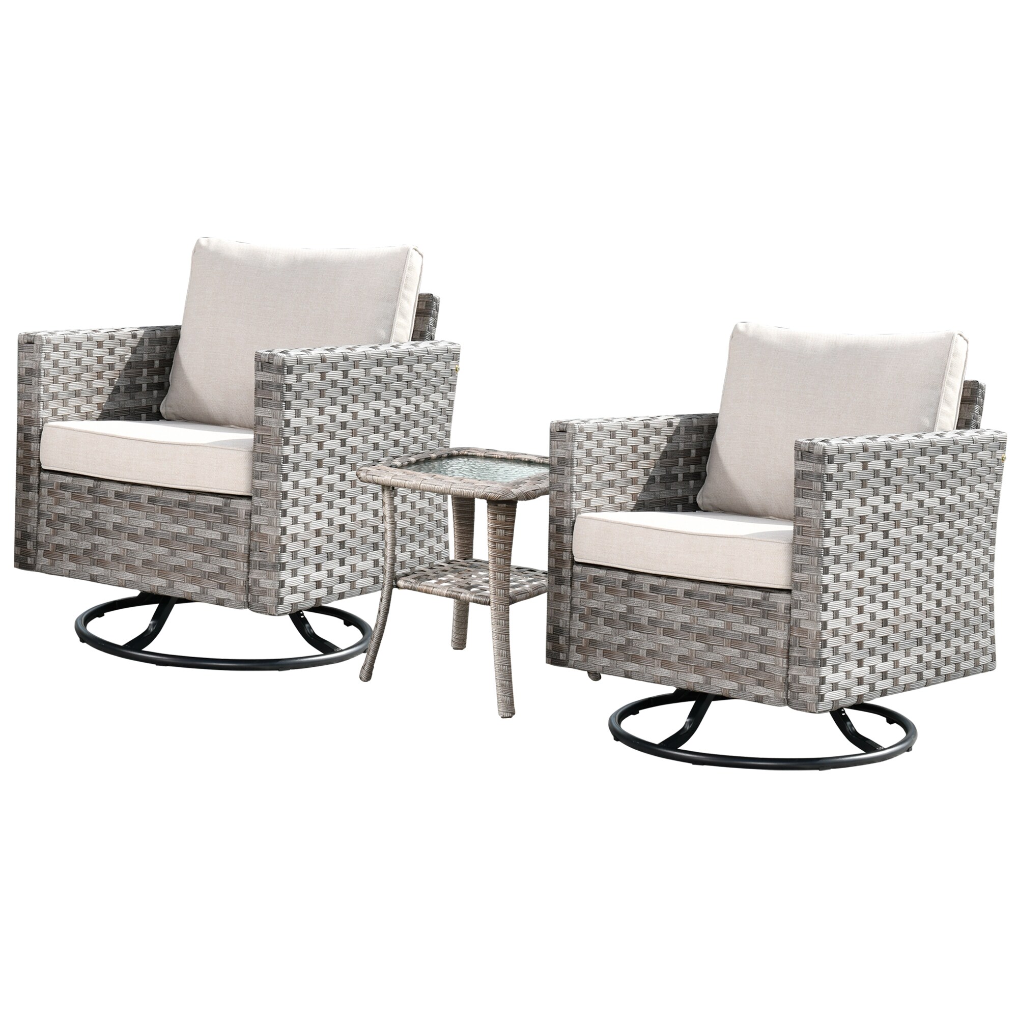 Ovios Shine Set of 2 Rattan Gray Rattan Swivel Rocking Chair with Off-white  Cushioned Seat