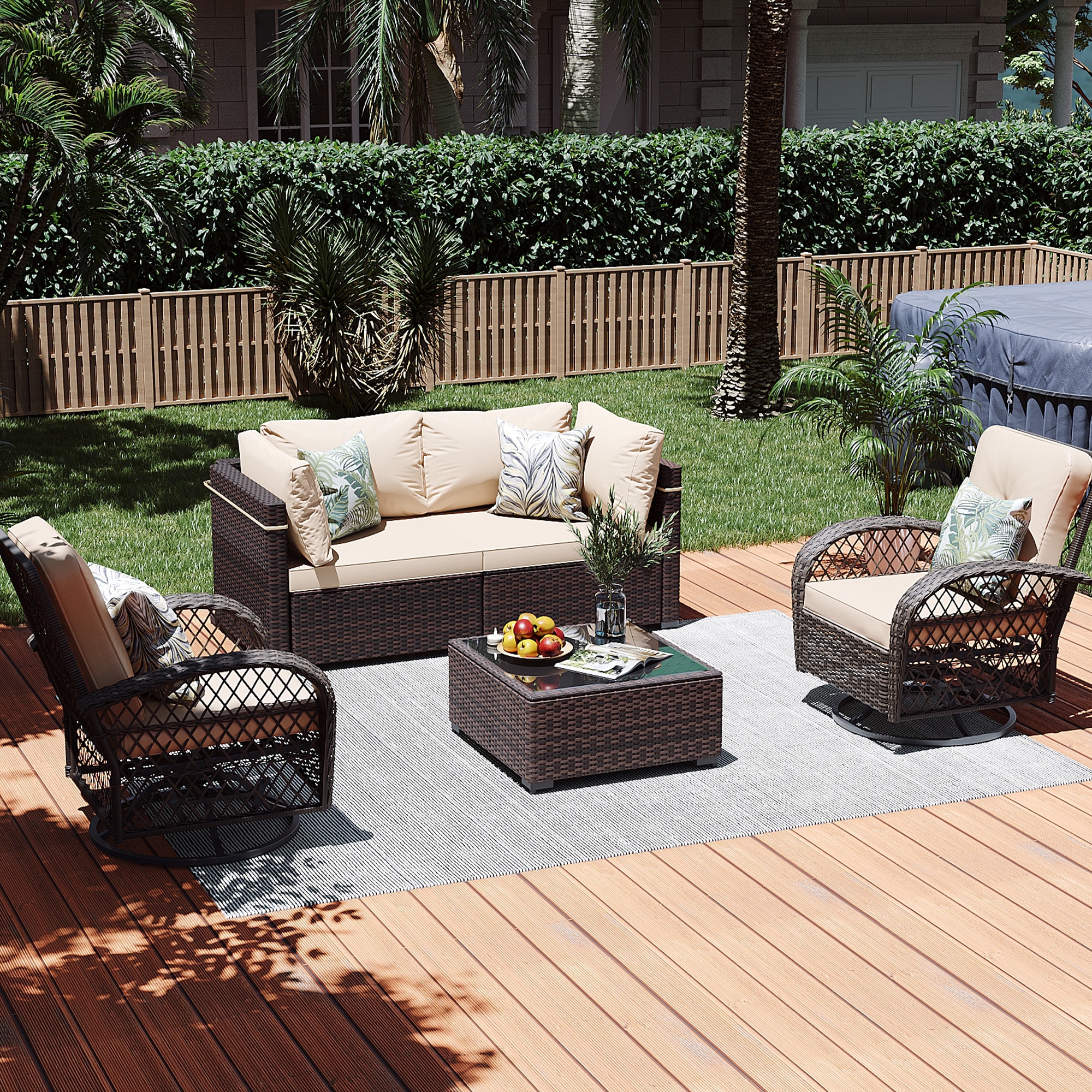 Patio Watcher LS-Z-Y9-B1 5 -Piece Rattan Patio Conversation Set with Beige Cushions