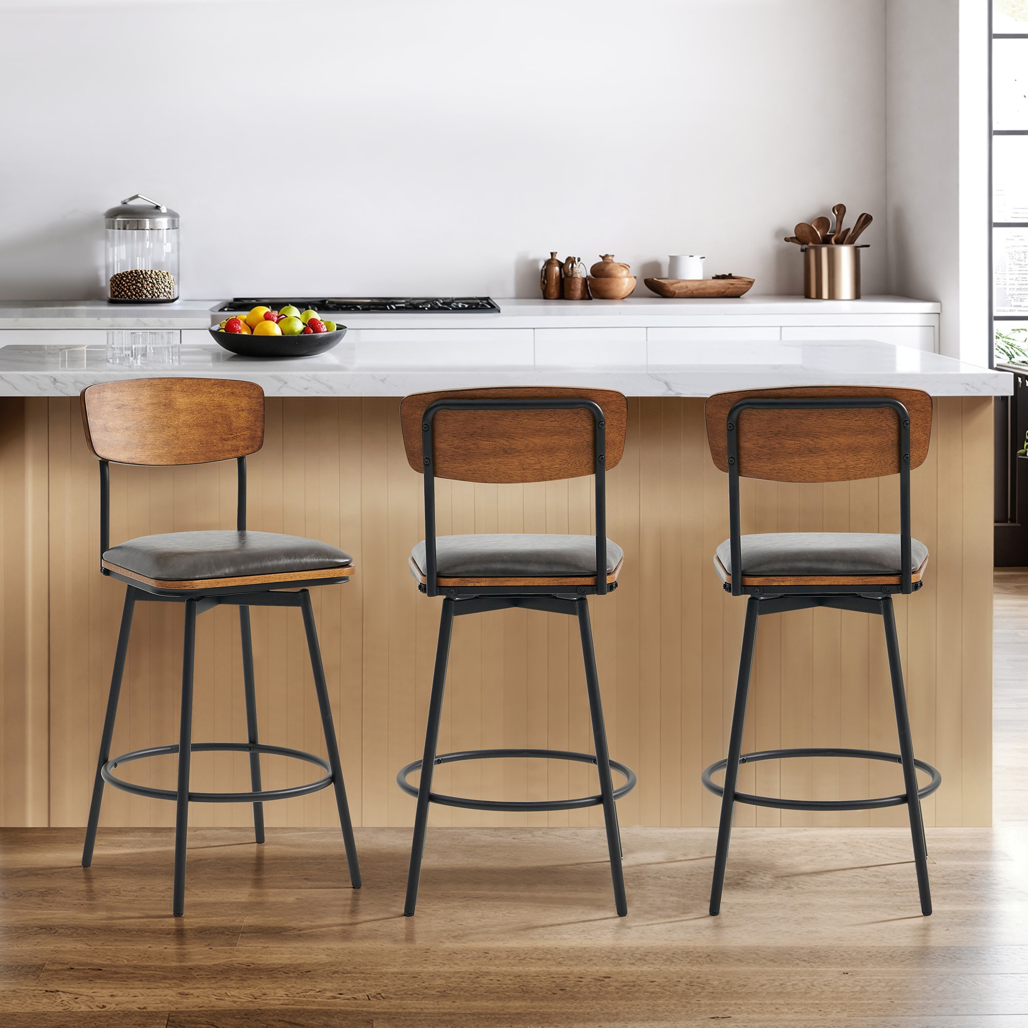 Circle 55 3-LWSY2007-PUT1023 3 -Set Dark Gray 27-in H Counter height Square seat Upholstered Swivel Metal Bar Stool and Back