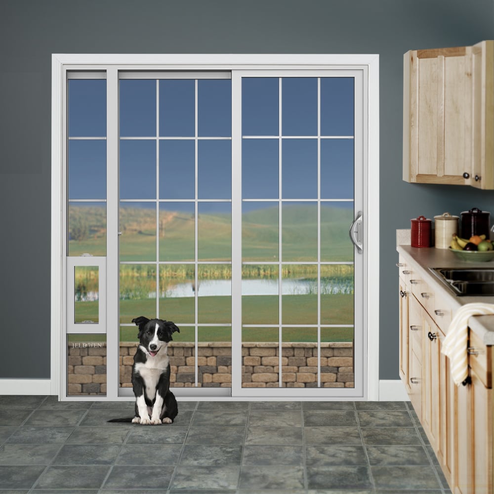 Jeld Wen 72 In X 80 In Tempered Grilles Between The Glass White Vinyl Left Hand Sliding Double Door With Sidelight Sliding Patio Door Screen Included Pet Door Included In The Patio Doors Department At Lowes Com