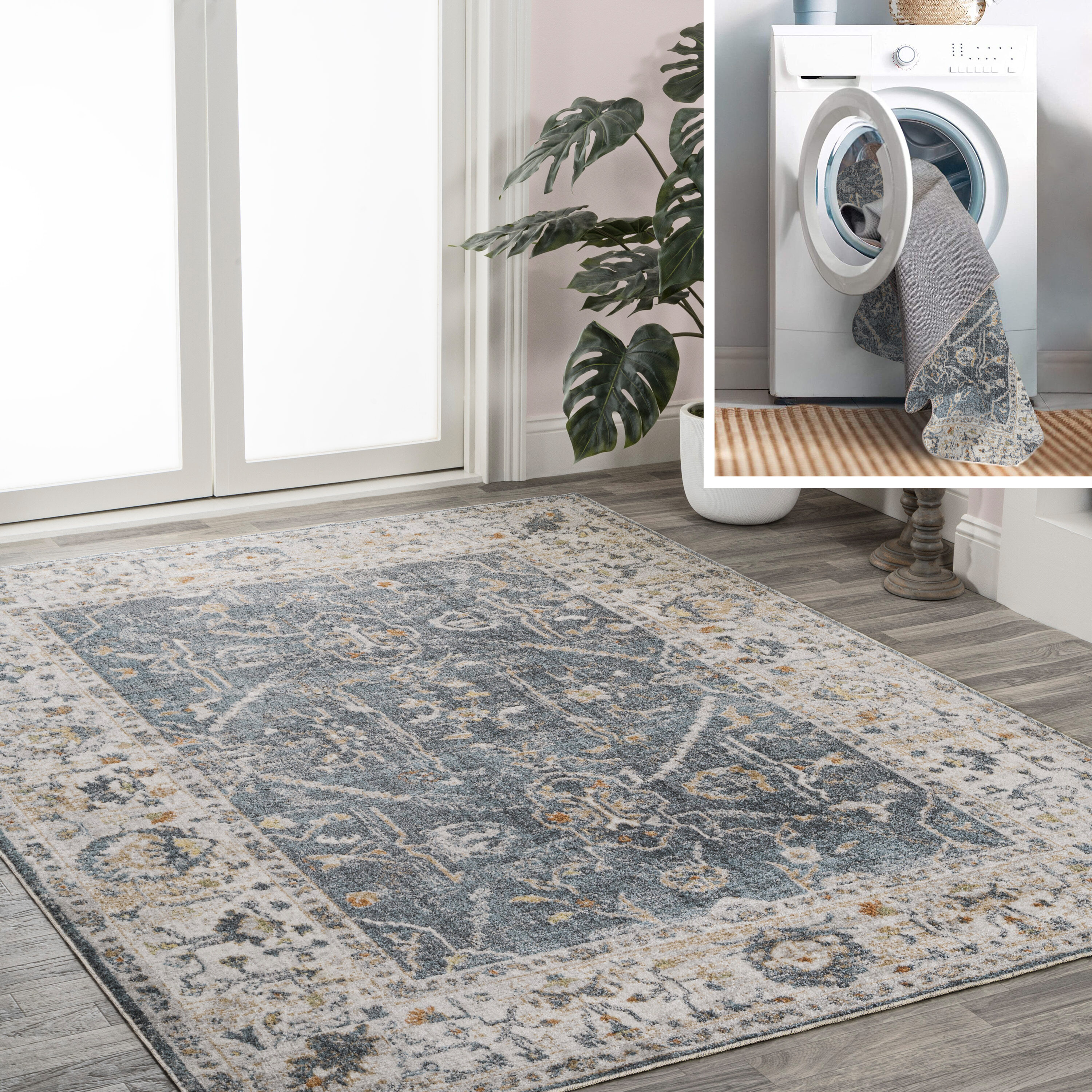 JONATHAN  Y WSH321A-8 WASHABLE Brandy Rustic Border Low-Pile 8 x 10 (ft) Loomed Polyester Dark Gray/Cream Rectangular Indoor Border Global Machine washable Area rug