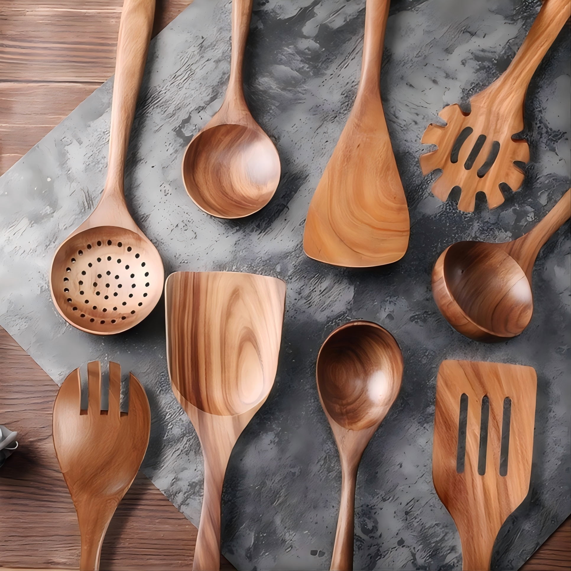 Fenbeli 9-Piece Wooden Cooking Utensils Set Heat-Resistant Teak for Non-Stick Cookware