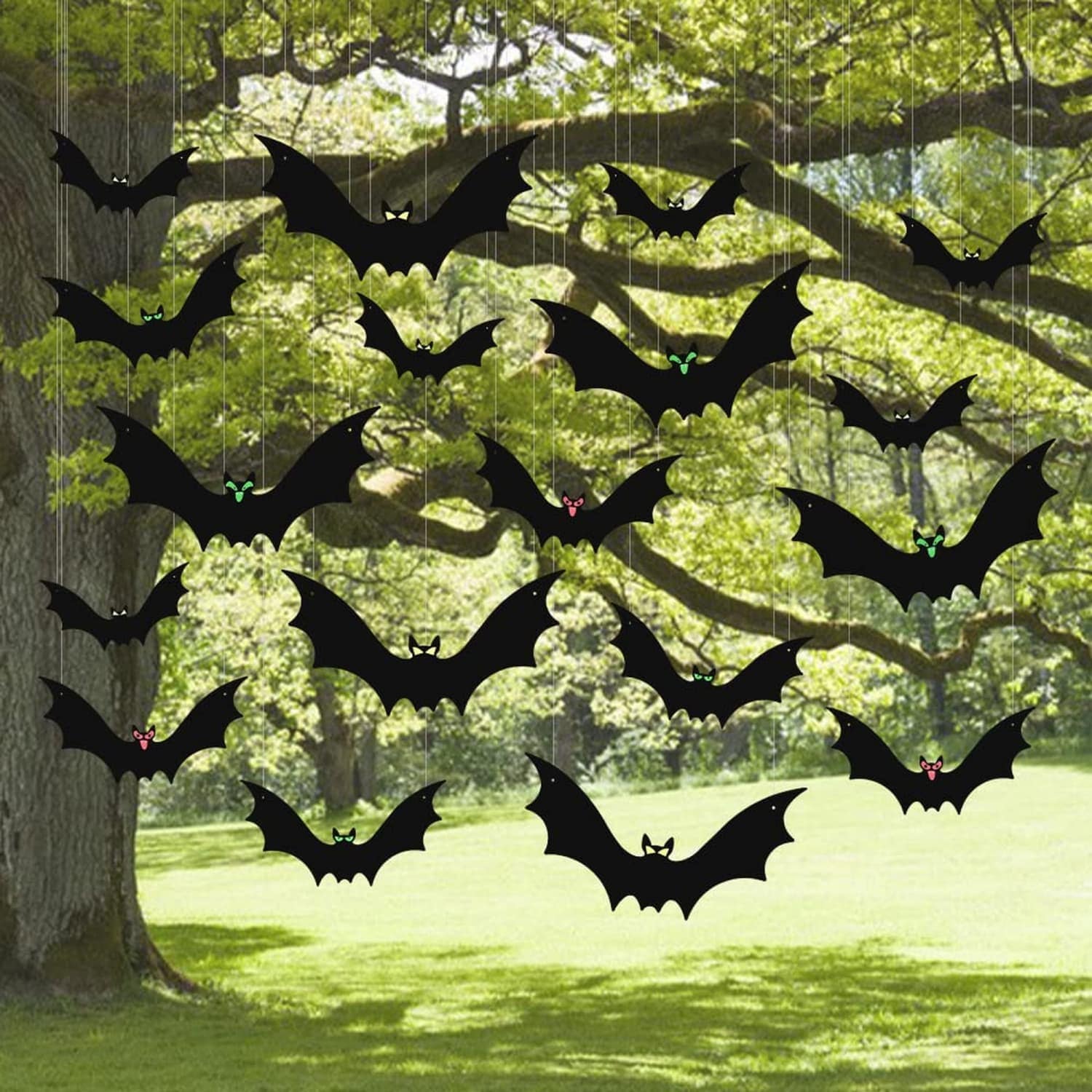 Angel Sar 18-Pack Black Plastic Hanging Bat Halloween Decor with 3 Different Sizes for Porch Yard Indoor
