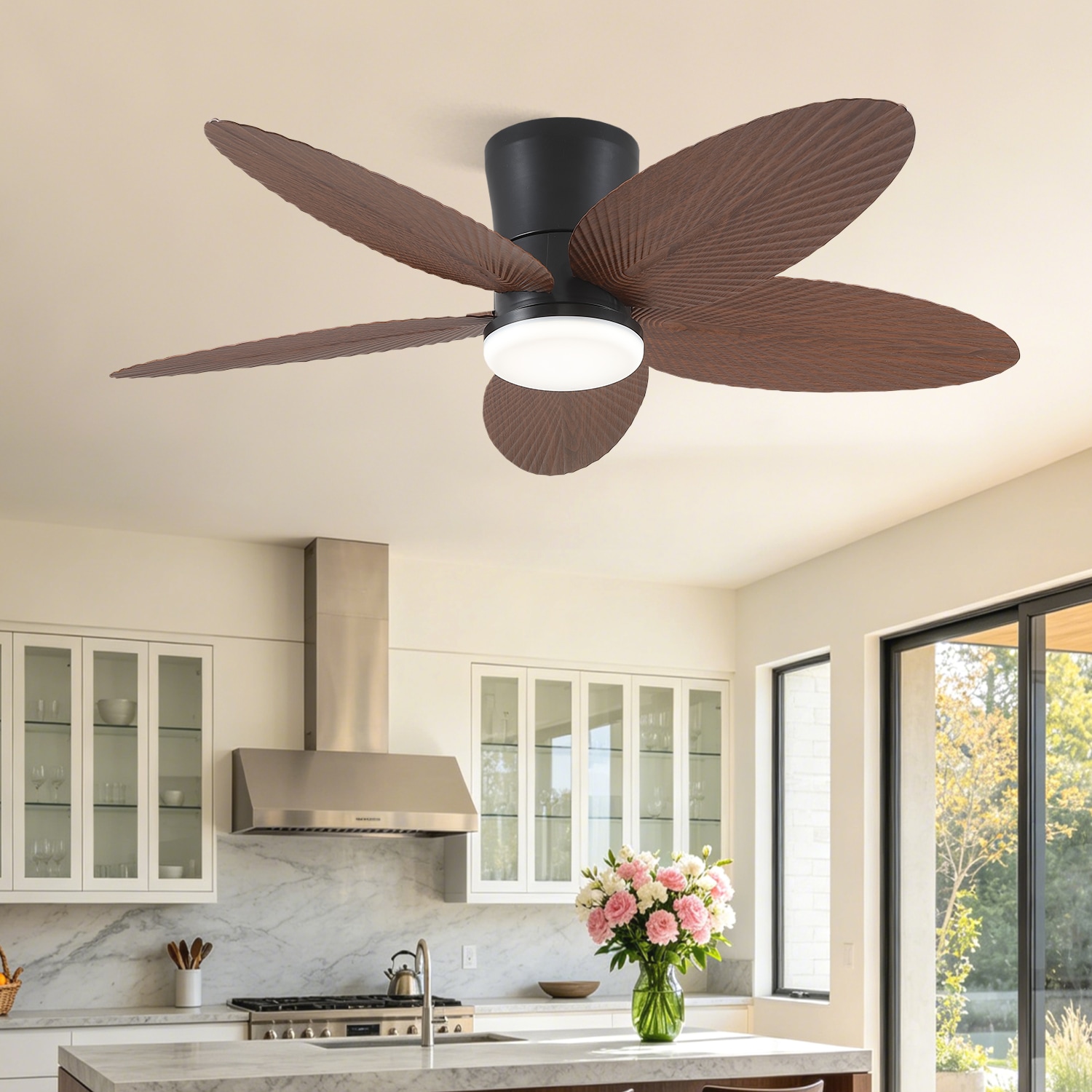 Gleam Flare 42 Inches Brown Flush Mount Ceiling Fan with Light and Palm Leaf 3CCT Dimmable LED Integrated for Indoor and Outdoor