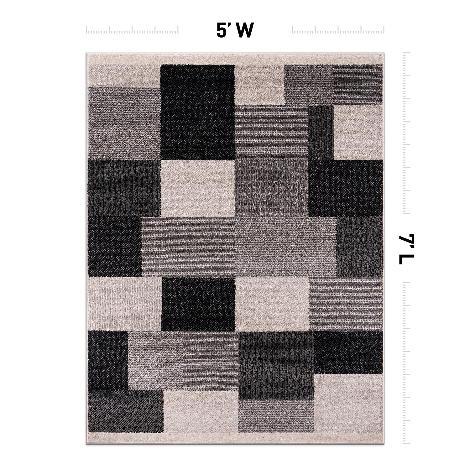 Modern Geometric Black and Gray Synthetic Rectangular Area Rug, 5' x 7'