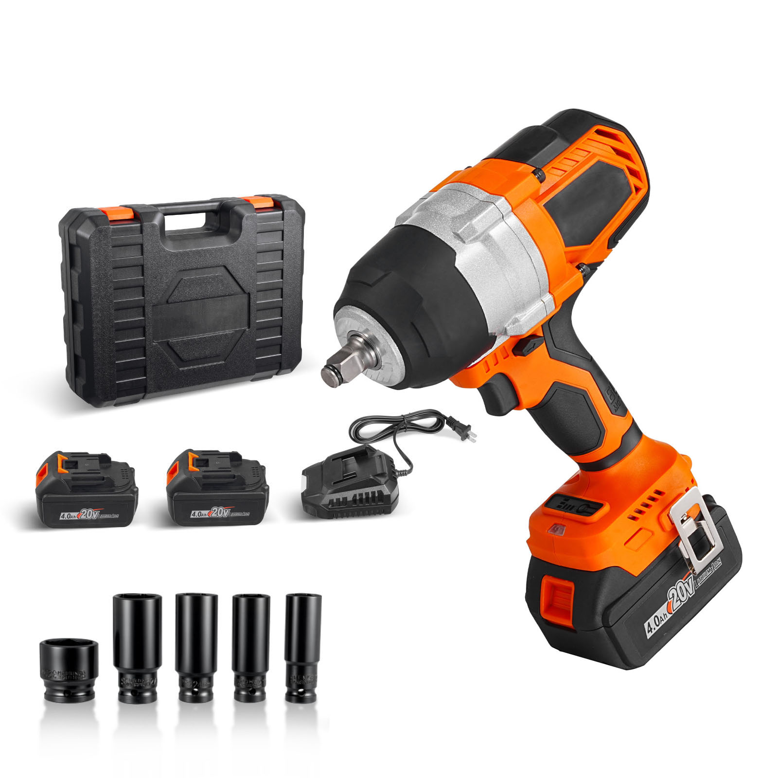 Mecale 20V Cordless Impact Wrench 1/2-in 1300-N-m Brushless 3-Speed Kit 2 Batteries Charger and 5 Sockets