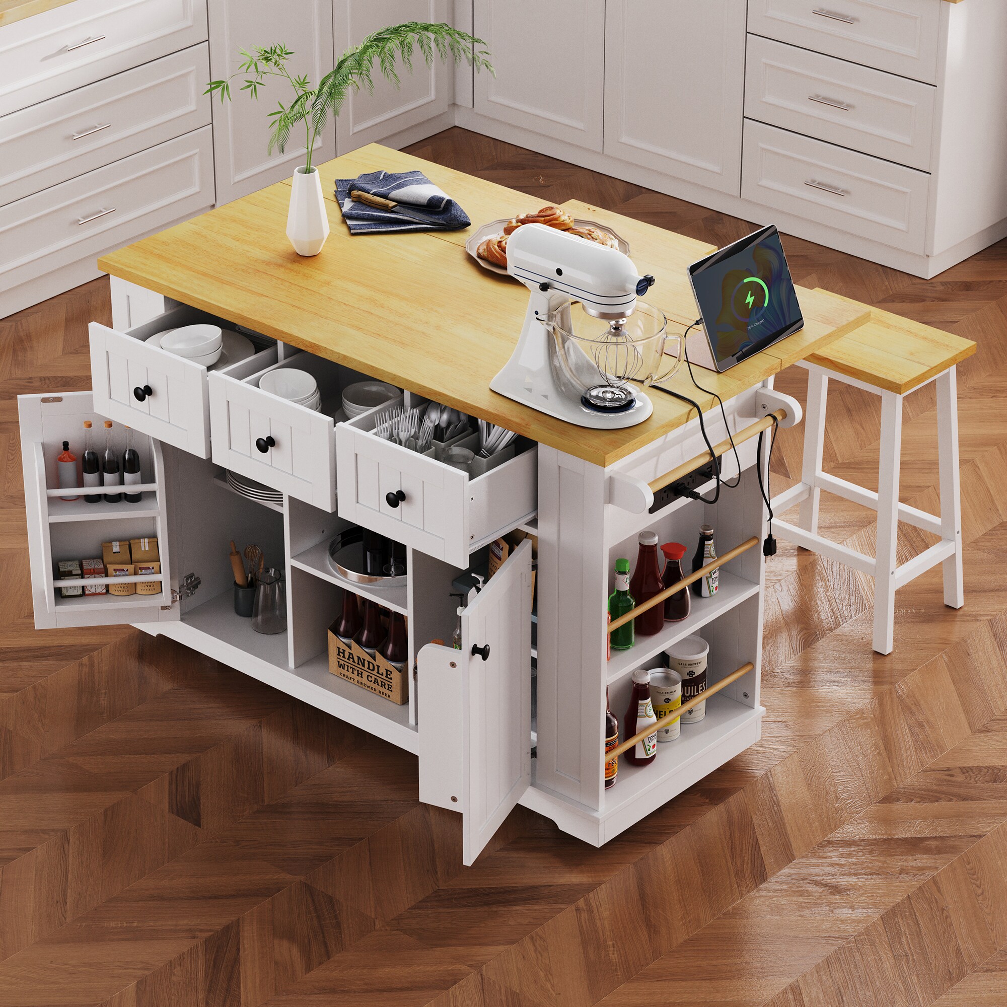 Fun Orange White MDF Base with MDF Wood Top Rolling Kitchen Island ( 29.52-in x 53.14-in x 36.4-in )