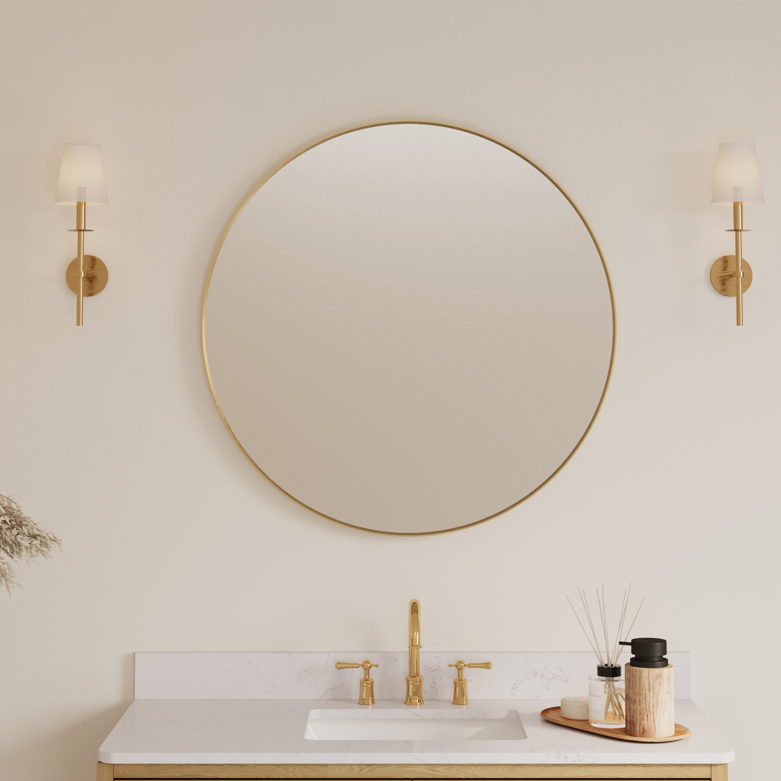 Forclover ASM-M0124R 36-Inches x 36-Inches Framed Round Bathroom Vanity Mirror ( Brushed Gold )