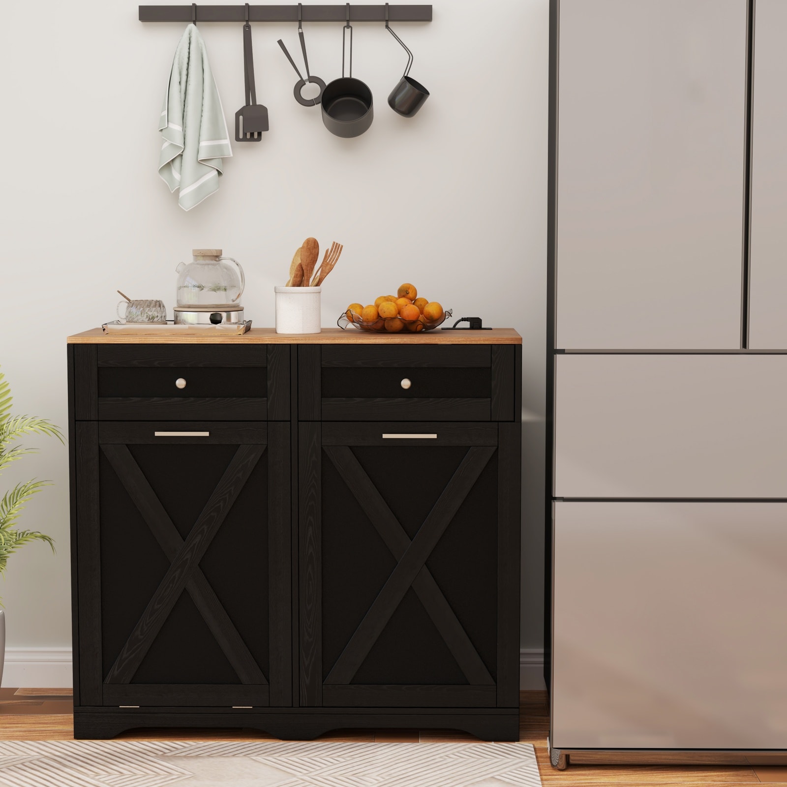 Volenca Double Tilt-Out Trash Cabinet with Outlets 2 Drawers and Barn Doors - 39.5-in W - 9.25-gal Bin Fit
