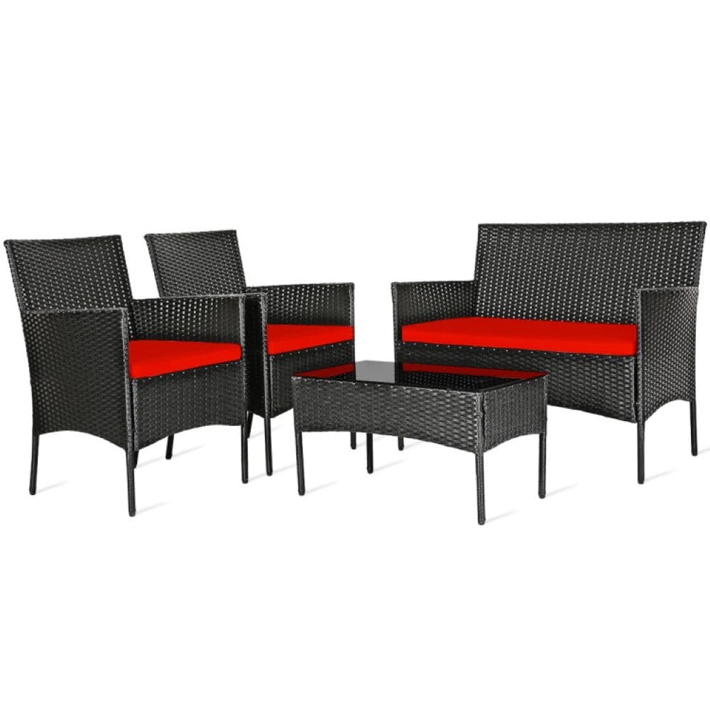 Forclover HYFC-5357RE Patio Conversation Sets 4-Piece Rattan Patio Conversation Set with Red Cushions