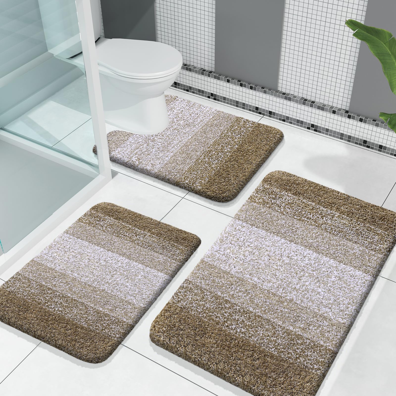 PUPWE Microfiber Bathroom Rug Set Ultra Absorbent Soft Plush Non Slip Machine Washable Decor 3 piece