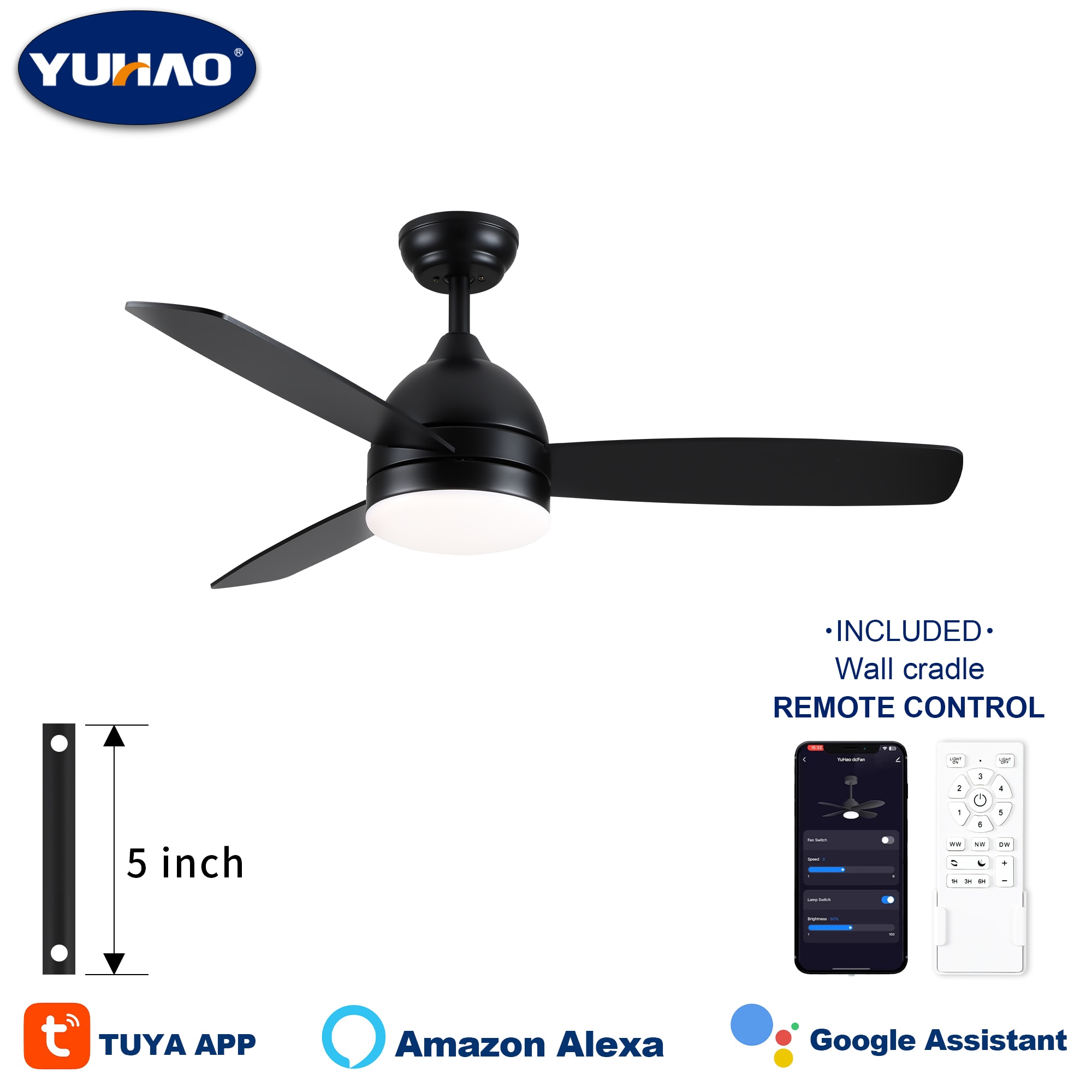 YUHAO LSDC1010BK482 Airedpro 48-in Color-Changing Integrated LED Smart Black with Matte Blades Ceiling Fan With Light and Remote ( 3 -Blade )