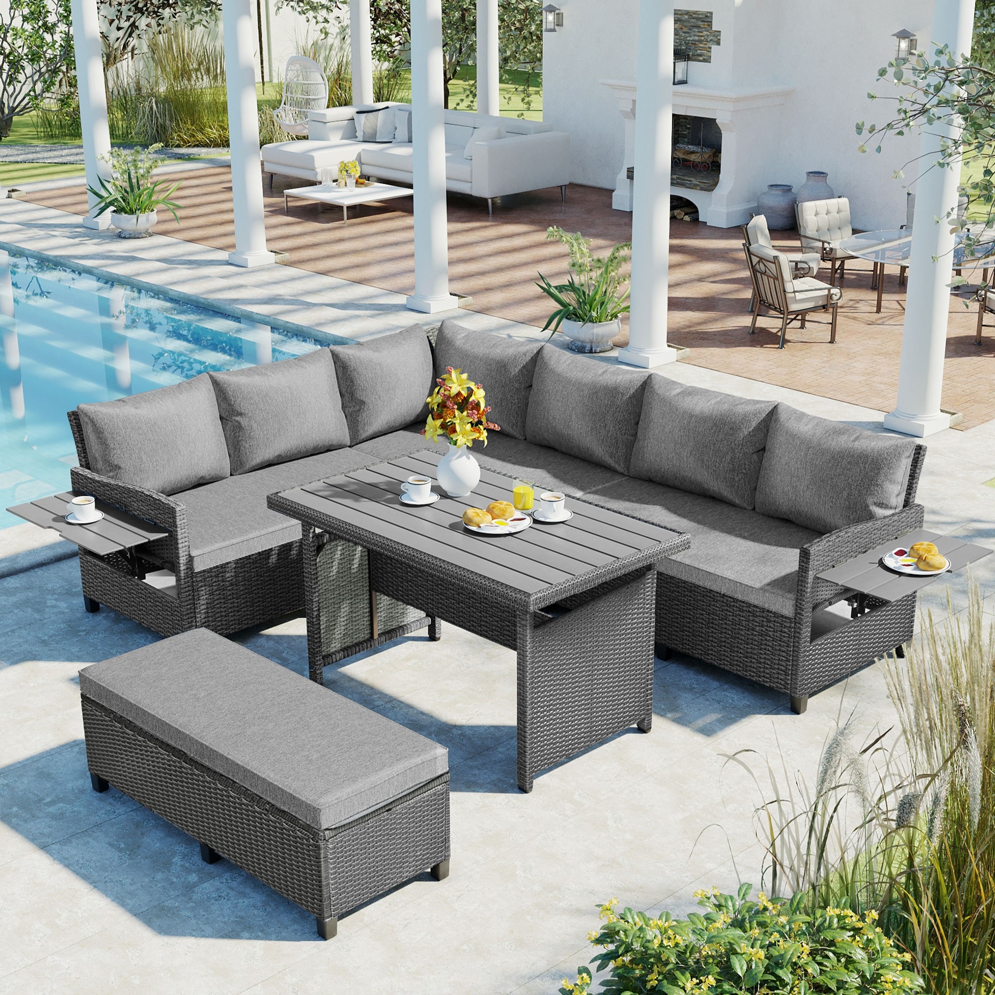 Direct Wicker DWS-06AAE-GR 5 -Piece Wicker 3 Patio Sofa Conversation Set with Gray Cushions