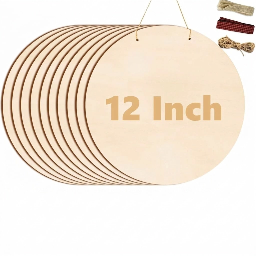 Aoibox  12 in Unfinished Wood Circles for Crafts 10 Pack with Ribbons and Burlap Rope for Painting Burning Door