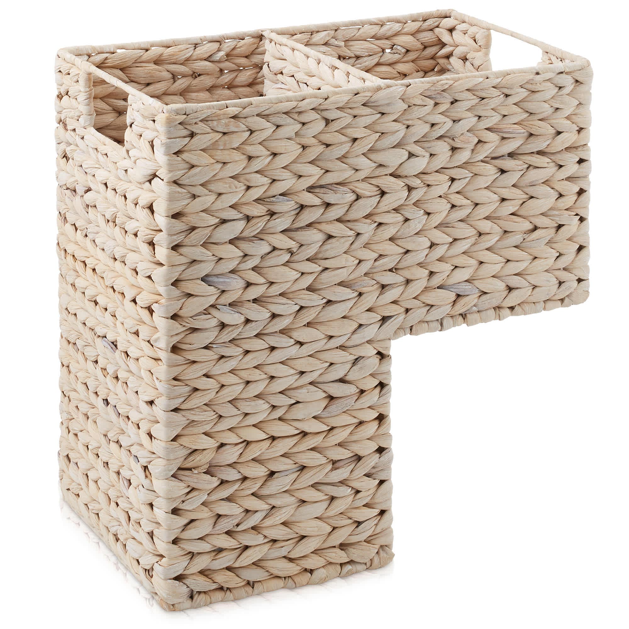 Casafield Stair Basket with Handles, Whitewash Woven Water Hyacinth Staircase Step Organizer Bin