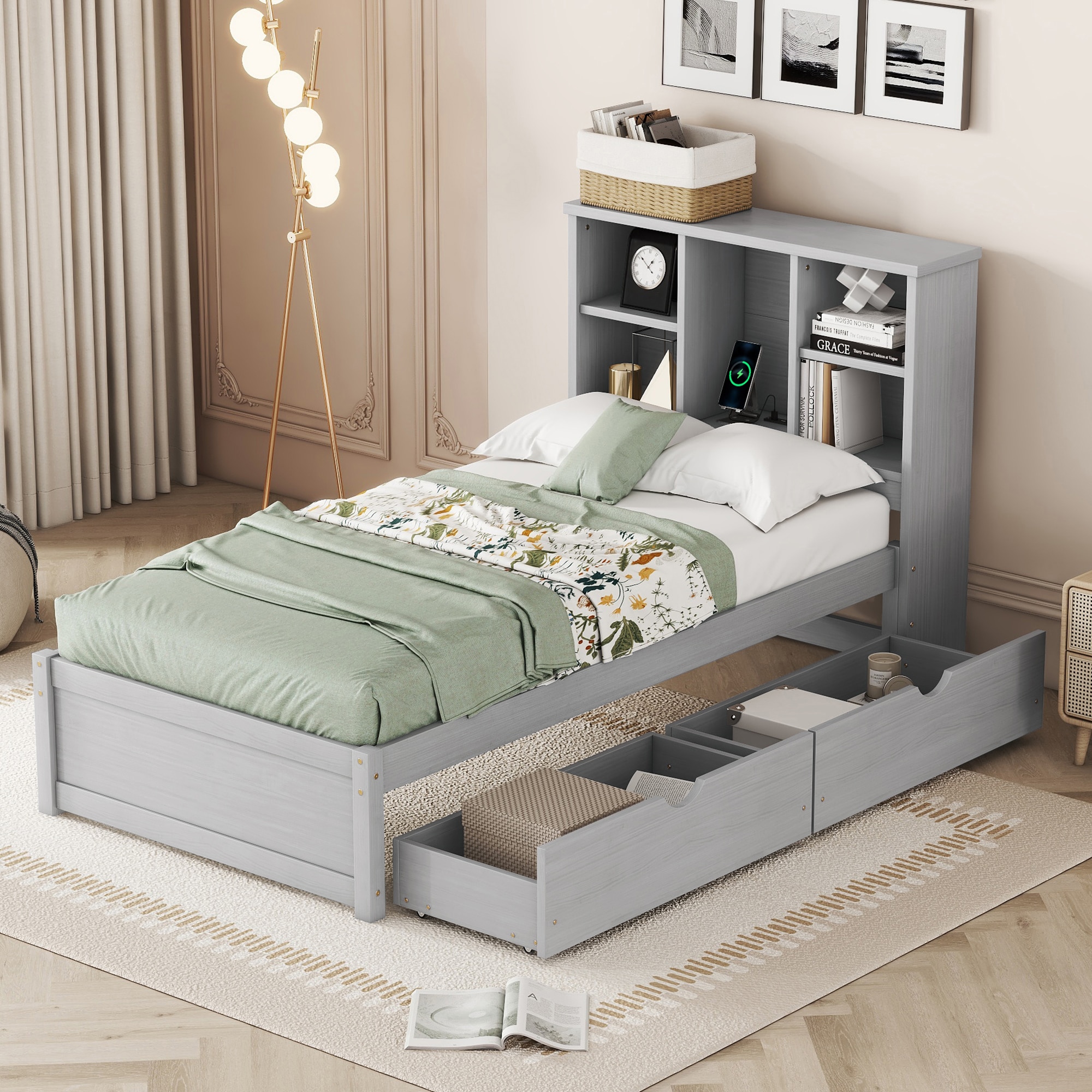 LOVMOR SF-Y-W697P152021 Modern Twin Size Bed Frame With Built-in USB Port on Bookcase Headboard and 2 Drawers for Grey Color