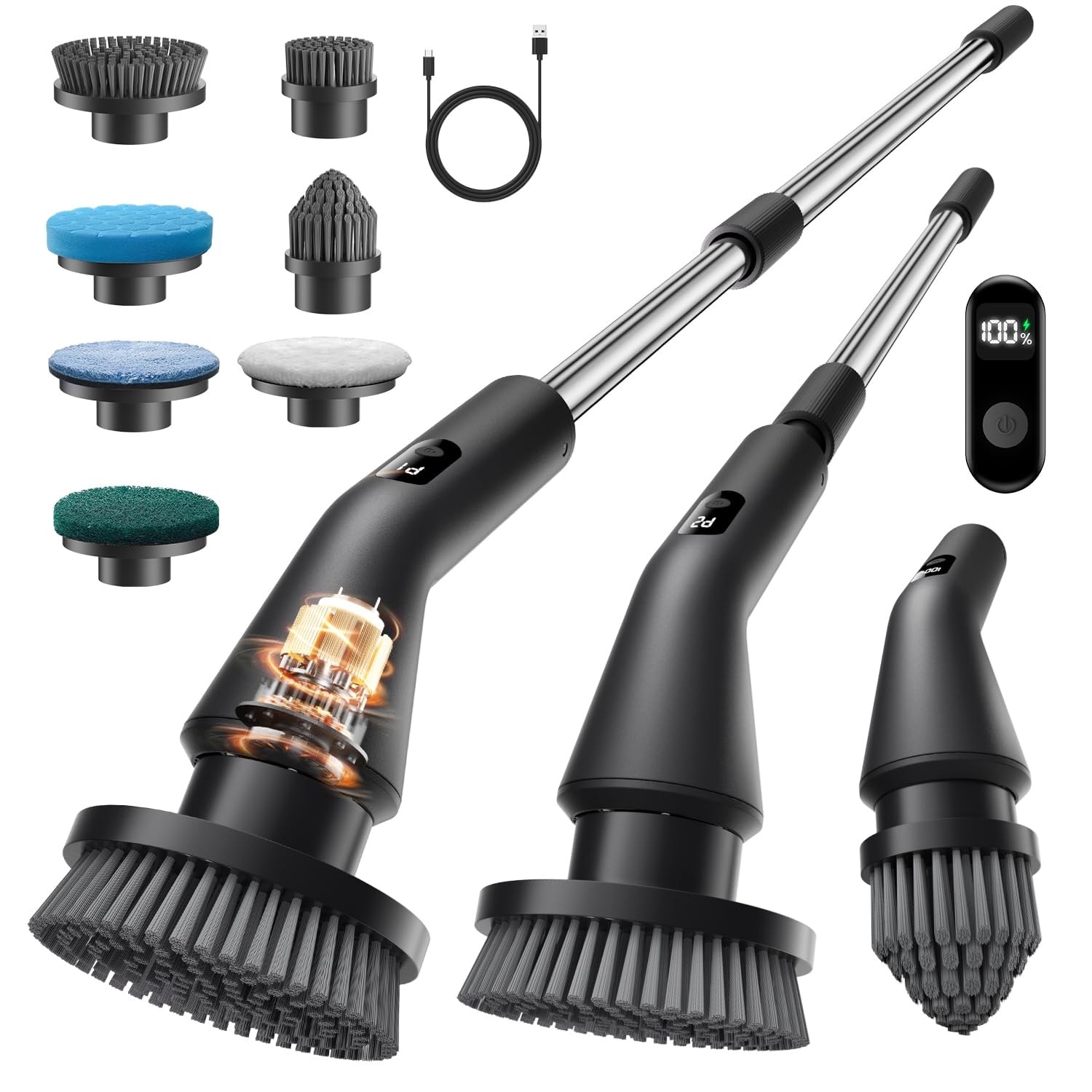 Anqtovp  Electric Spin Scrubber Kit 7 Brush Heads Adjustable Handle 12 to 50 Inch Dual Speed IPX7 Waterproof Cordless Cleaning for Bathroom Shower Floor