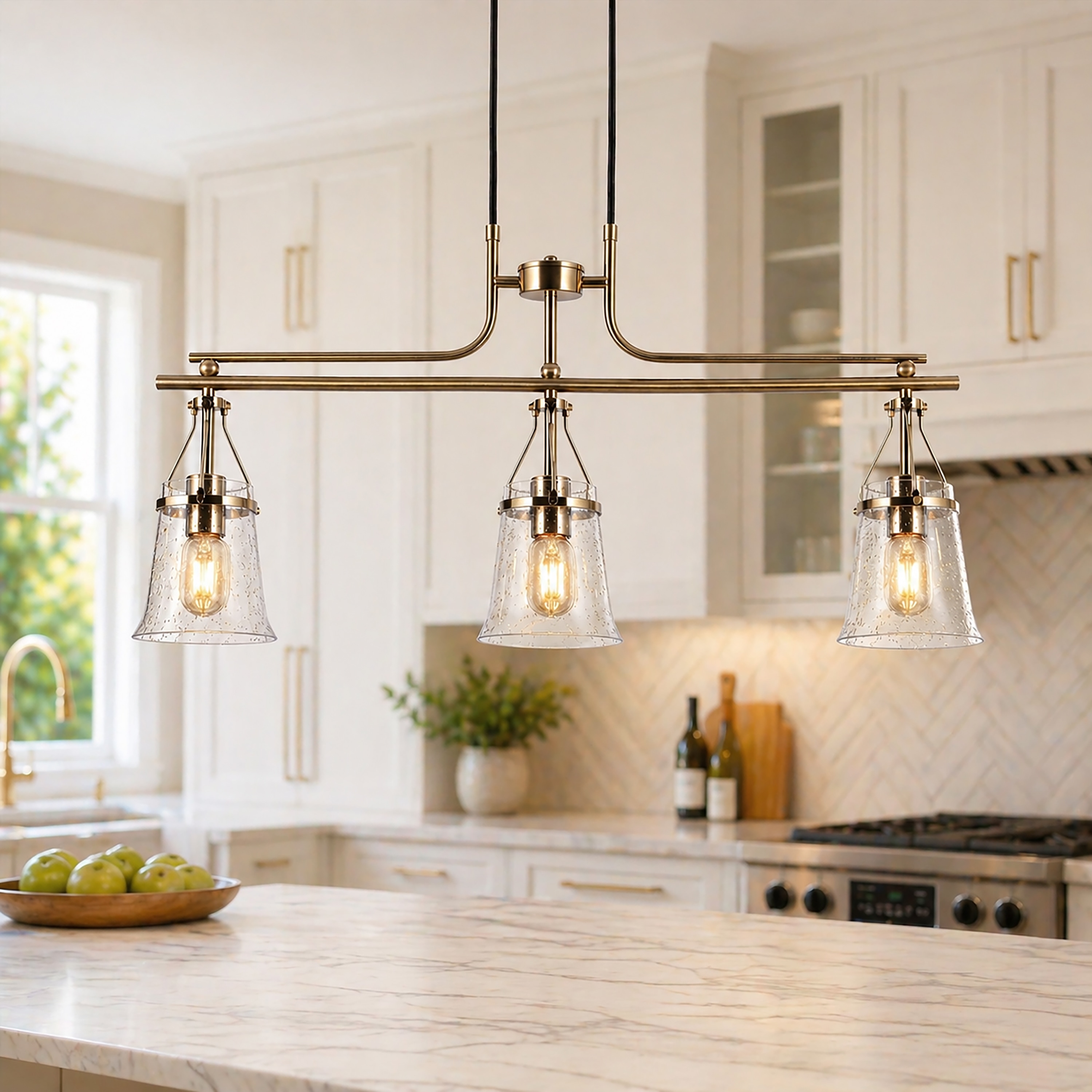 LNC Auisre 33-in L 3 -Light Polished Gold and Seeded Glass Modern/contemporary Seeded glass Linear Large Hanging Kitchen Island Light