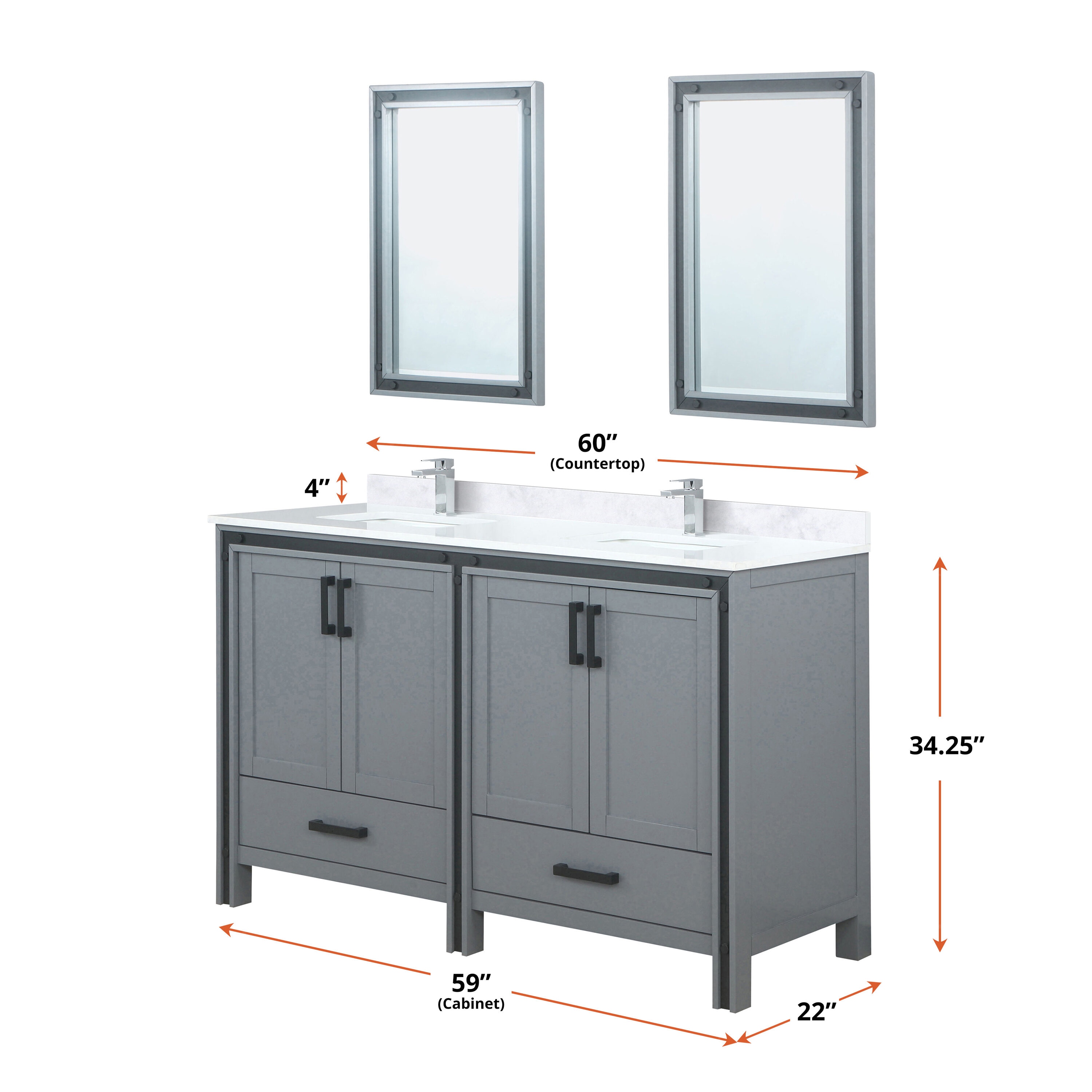 Ziva 60" Dark Grey Double Freestanding Vanity Cabinet