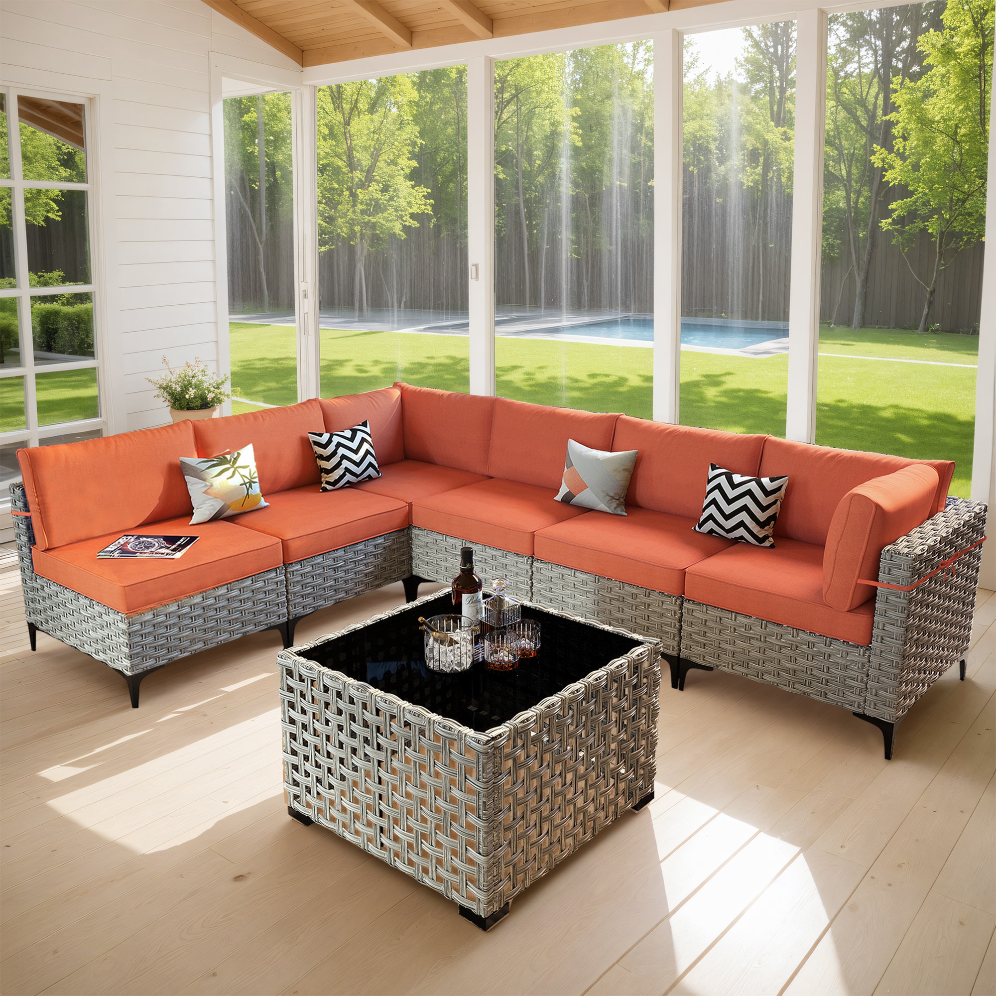 Pouuin SKT8C07 Wicker Outdoor Sectional with Red Cushions and Wicker Frame