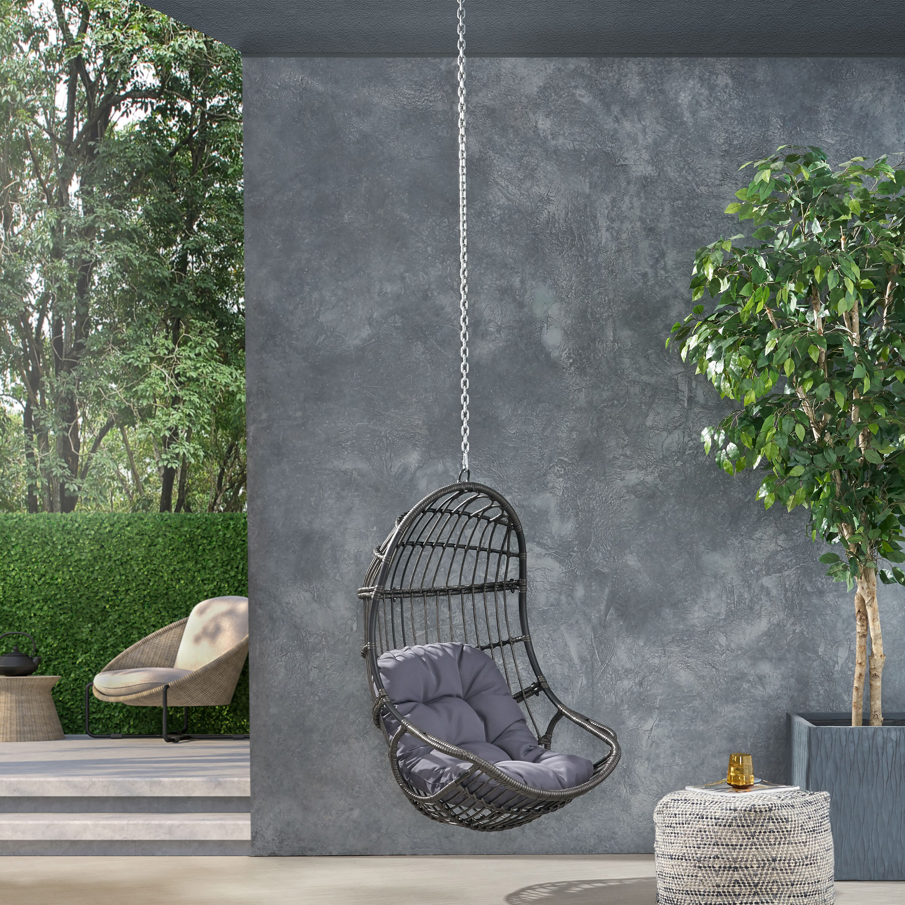 Moda Furnishings MD70843-GDGRY Outdoor Classic Wicker Gray Iron Frame Hanging Egg Chair with Gray Cushioned Seat