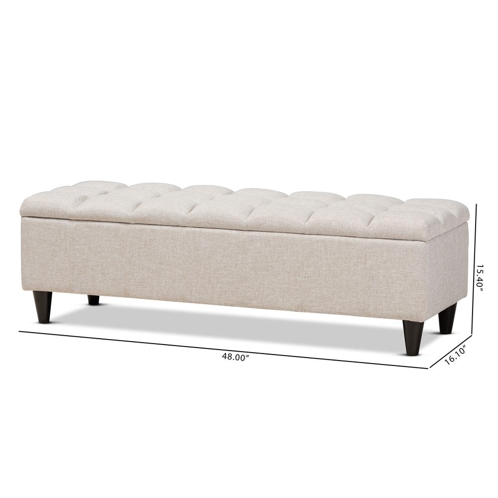 Beige Tufted Fabric Storage Bench with Dark Wood Legs