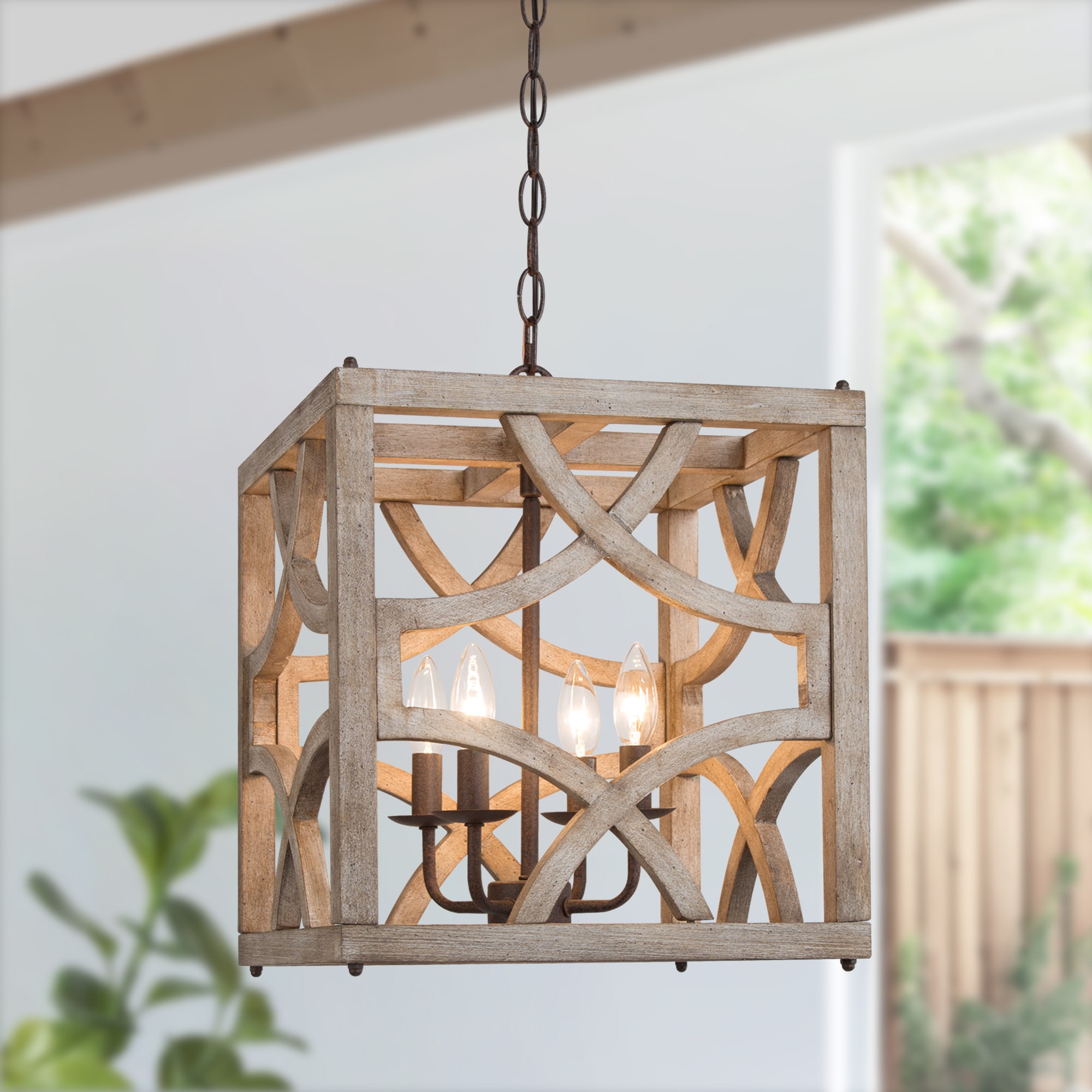 LNC MYYYIRLWS4006L7 Quaint 4 -Light Greyish White Wood and Rustic Bronze Farmhouse Square Medium Hanging Kitchen island light