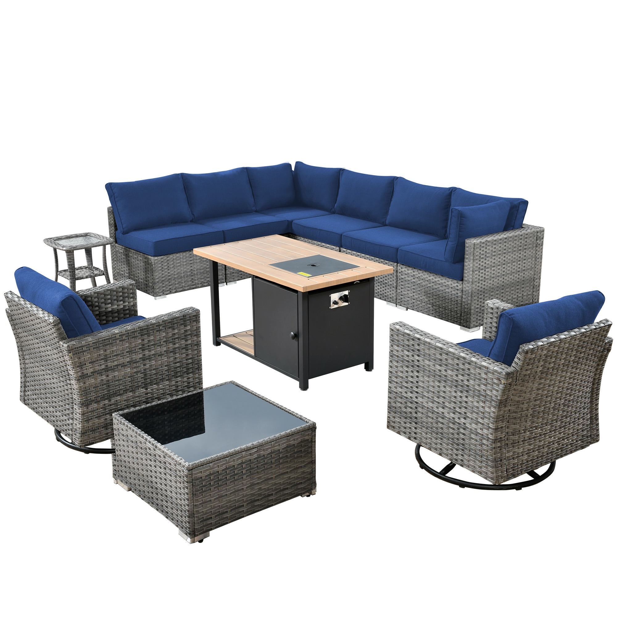 weaxty DDFPRRSGRS7011 Kuuga 11 -Piece Rattan Patio Conversation Set with Blue Cushions