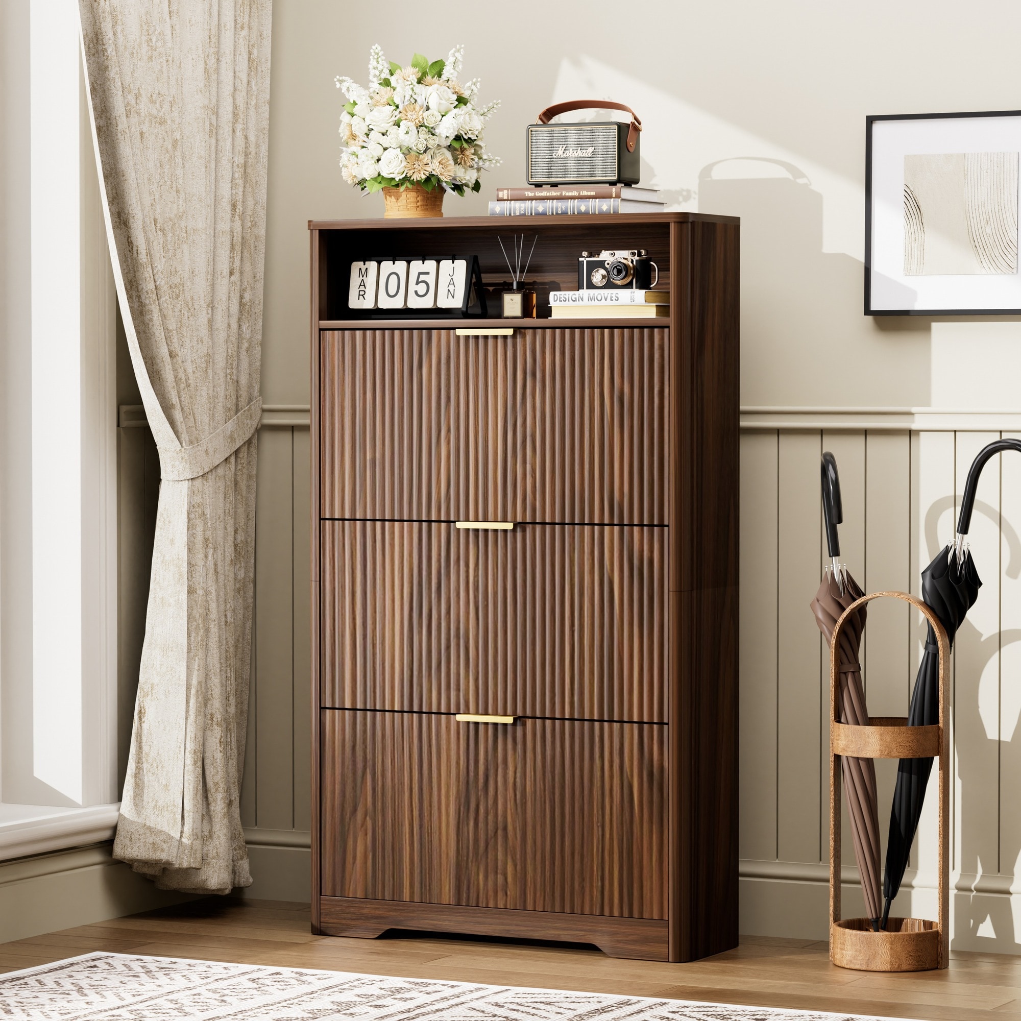 HyperDrop Cart Walnut Tall Freestanding Hidden Shoe Storage Organizer With 3 Flip Drawers For Entryway And Hallway 31.6 Inch Length