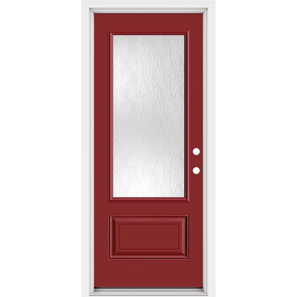 Masonite 321386 Steel Doors Series 32-in x 80-in x 4-9/16-in Steel 3/4 lite Left-hand inswing Roma Red Painted Prehung Front Door with Brickmould Insulating core