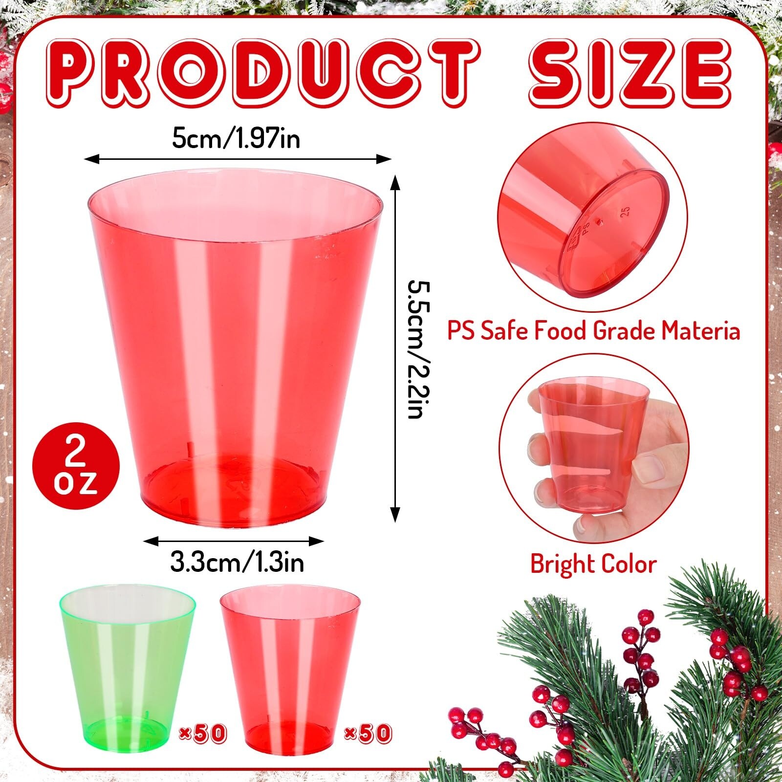 Aoibox  2 oz Christmas Plastic Shot Cups Red and Green Mini Party Shot Glasses for Holiday Gatherings 100 Pack