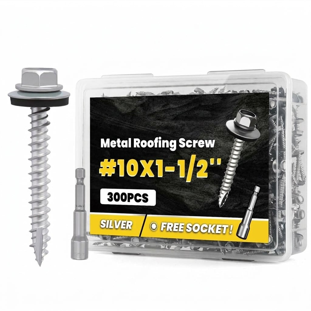 Etokfoks  300 Pack 1 1 2 x 10 Silver Self Tapping Hex Head Rubber Washer Sheet Metal Roofing Screws for Wood 300 Piece