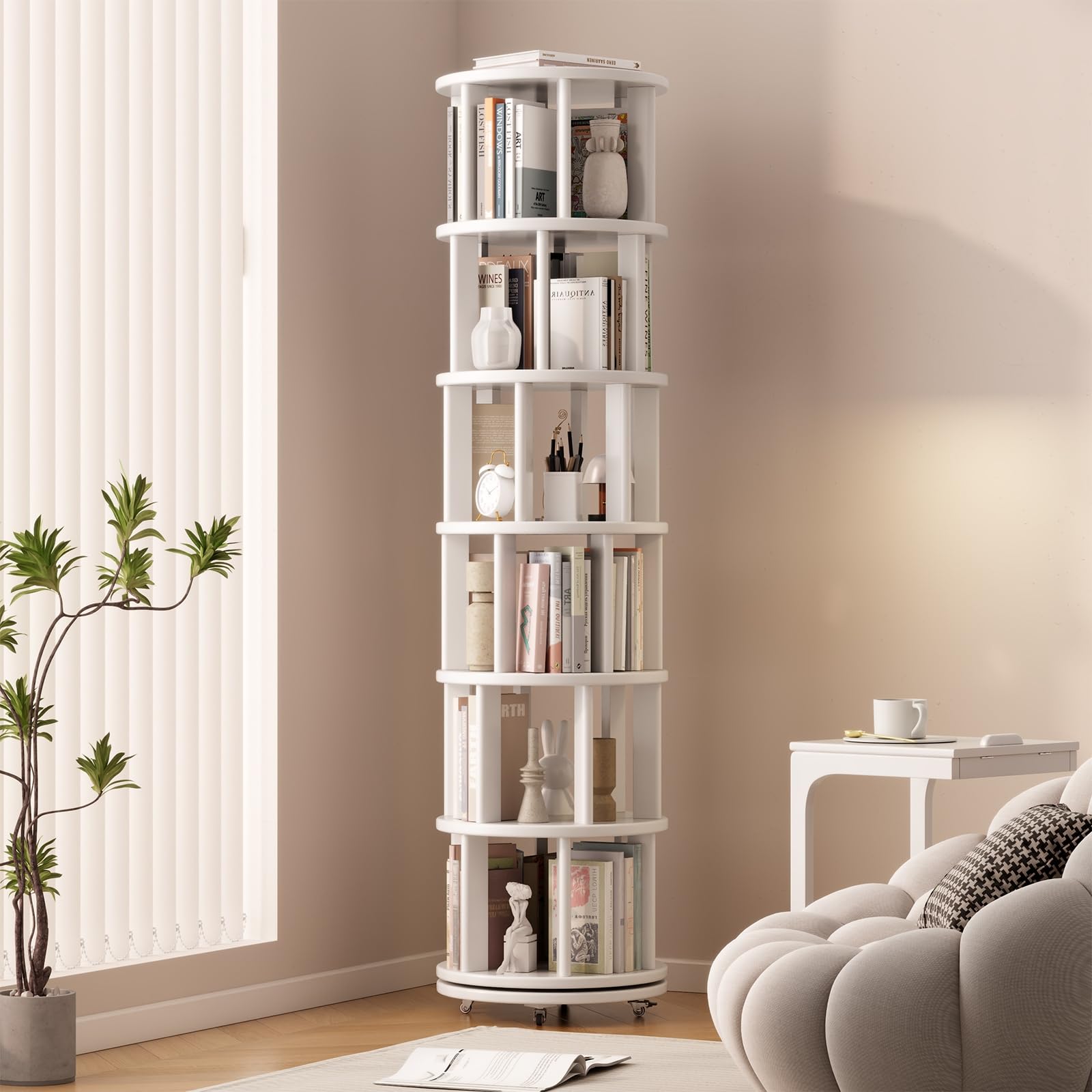 Aoibox  solid wood rotating bookshelf 6 tier round bookcase on wheels 360 degree spinning tower holds up to 120 books for small spaces white 1 Piece