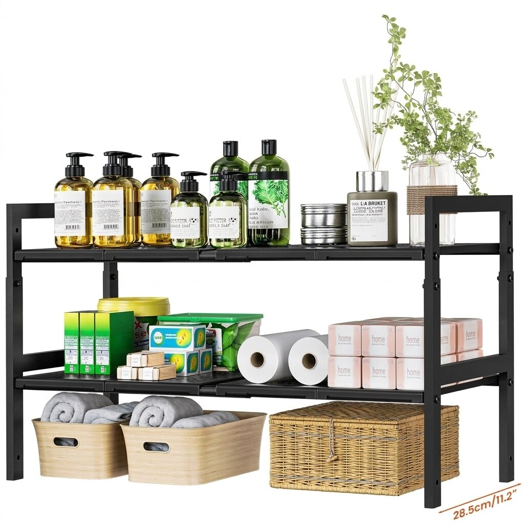 Etokfoks  16 5 30 7 in Adjustable 2 Tier Under Sink Organizer with Removable ABS Panels for Bathroom Kitchen Pantry Cabinet