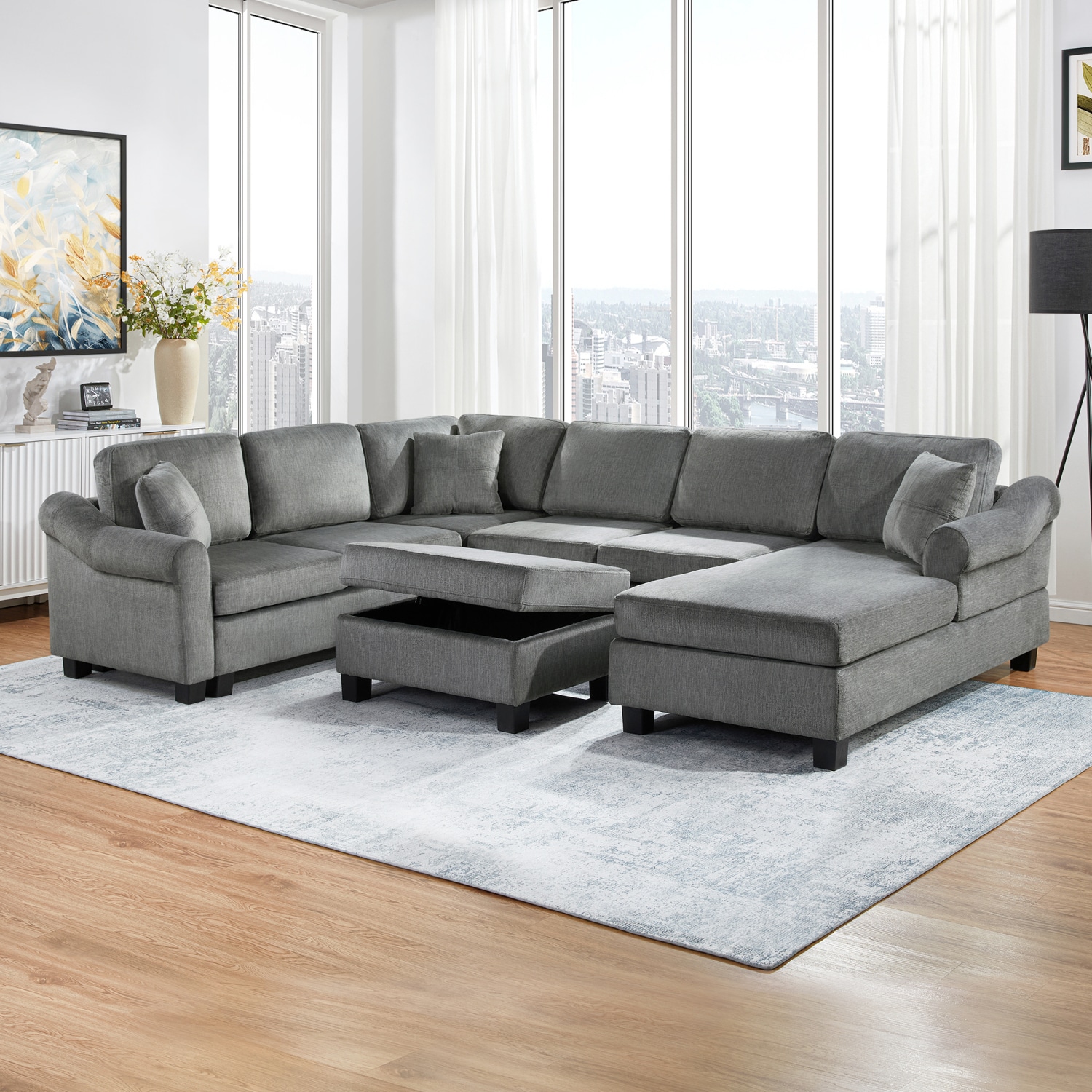 Streamdale Furniture - Streamdale U-Shaped Sectional Sofa with Ottoman Dark Gray