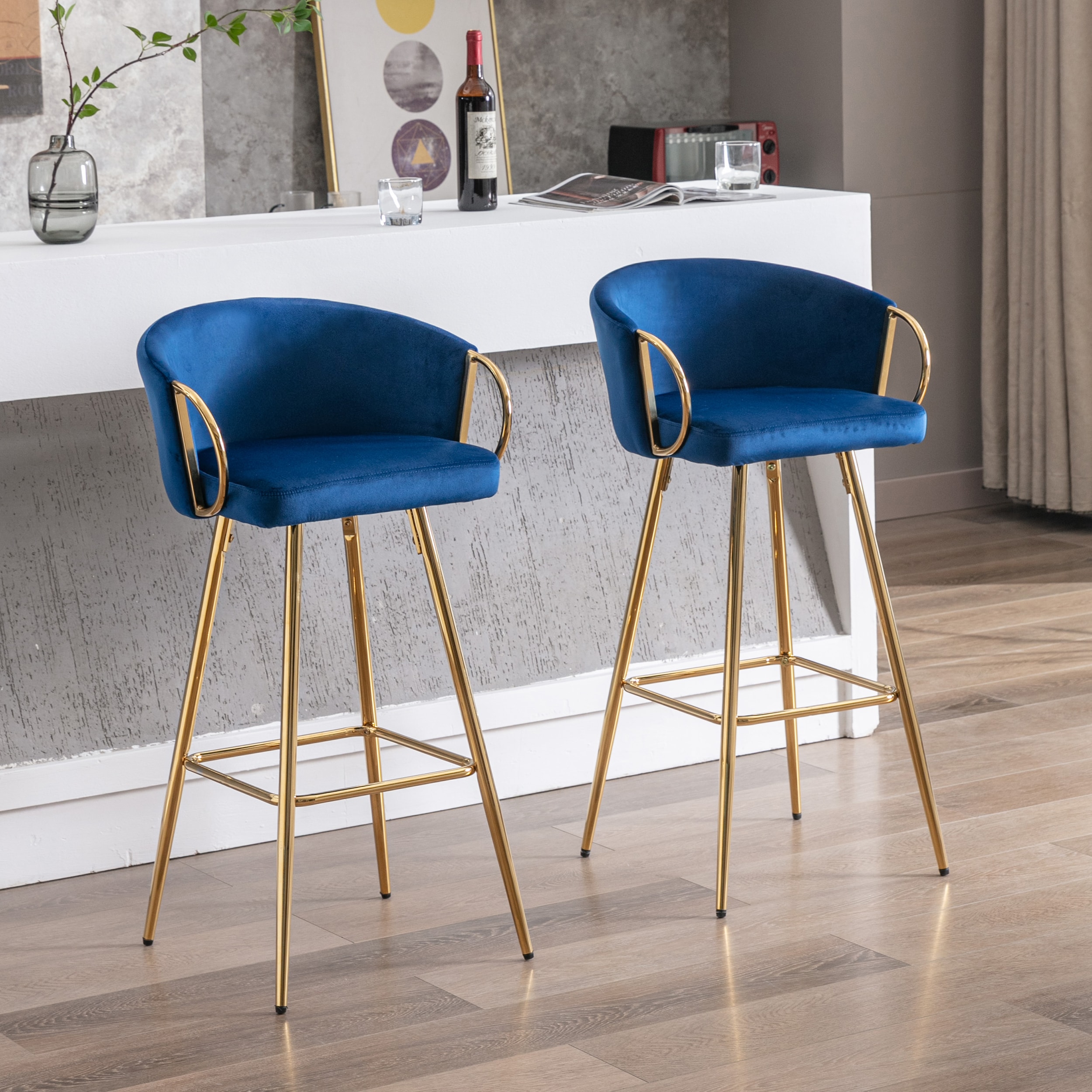 LOVMOR SF-M-W124973015 26 Inch Set of 2 Bar Stools with Chrome Footrest Velvet and Golden Leg Simple Bar Stool BLUE