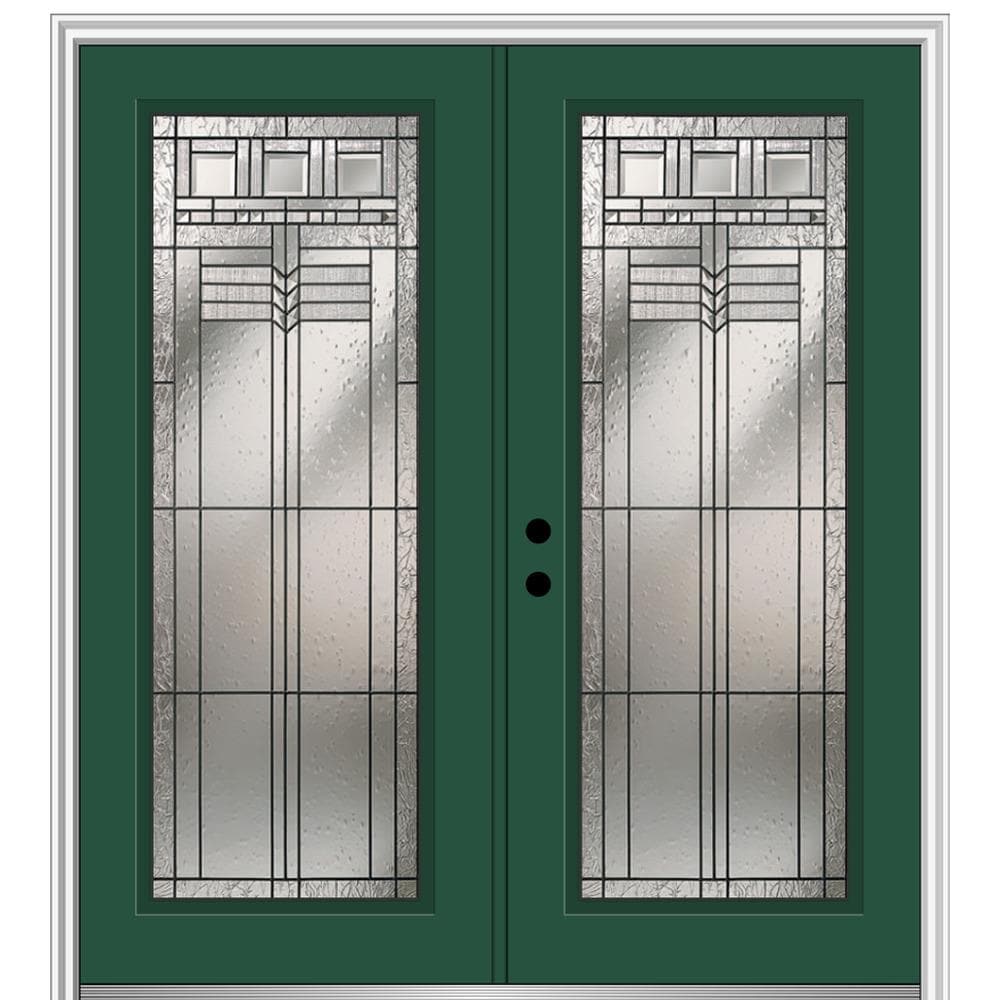 MMI DOOR ZZ3665202R 72-in x 80-in x 6-9/16-in Fiberglass Full lite Right-hand inswing Hunter Green Painted Prehung Double Front Door with Brickmould Insulating core