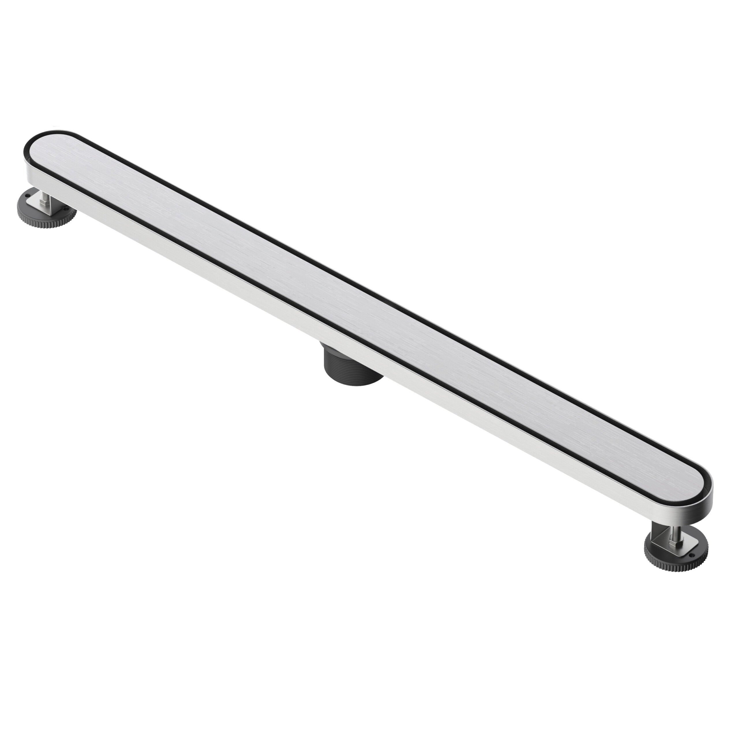 Fine Fixtures 32 Inch Rounded Linear Shower Drain with Reversible Tile Insert Grate, 304 Stainless Steel, Satin Nickel, with Hair Catcher, Leveling Feet and Lifting Key