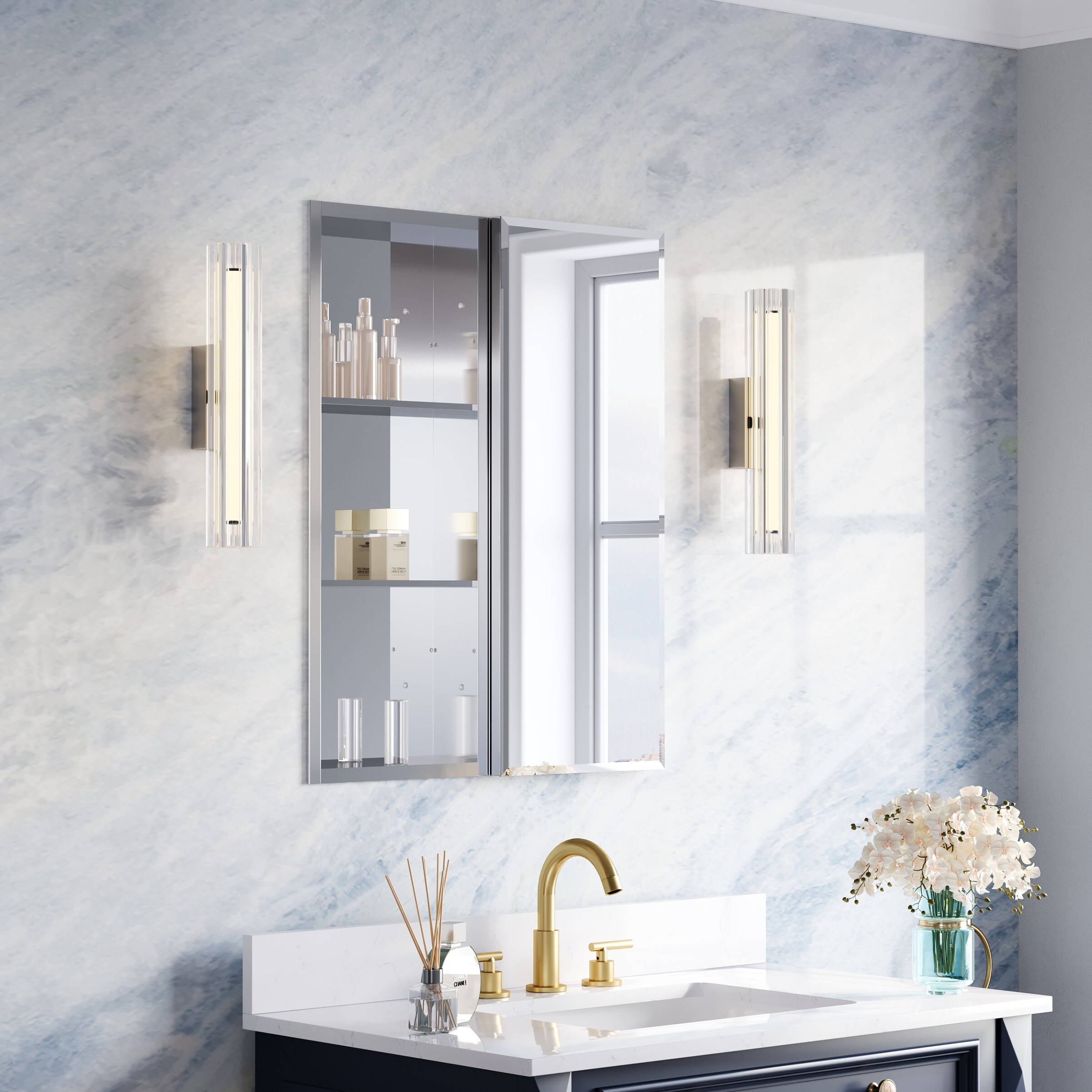 WELLFOR ROSA 24-in x 30-in x 4.81-in Silver Soft Close Bathroom Wall Cabinet