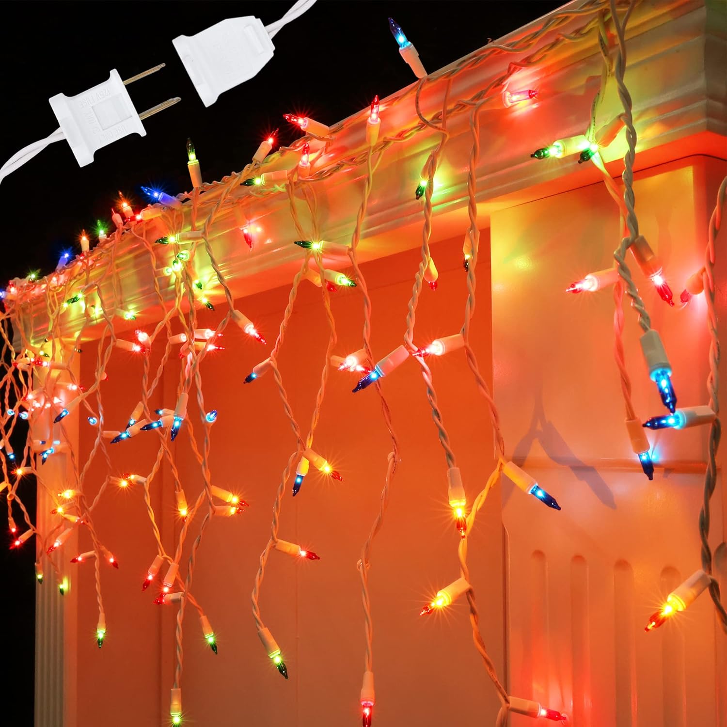 Etokfoks  2 Pack 150 Count Multicolor Incandescent Icicle Lights 8.67 ft Lighted