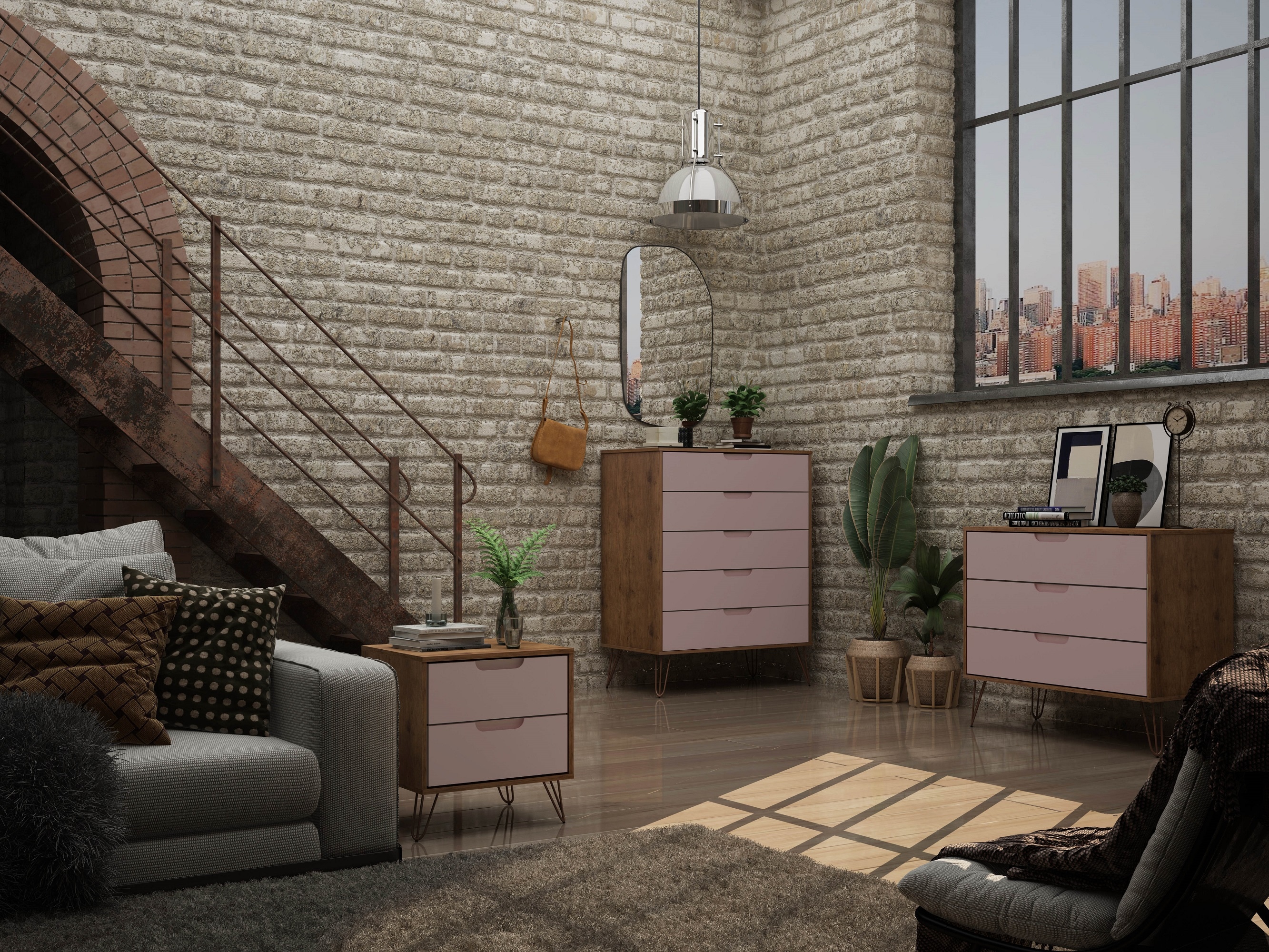 Manhattan Comfort 177GMC6 Rockefeller Nature and Rose Pink, Nature and Rose Pink Nightstand