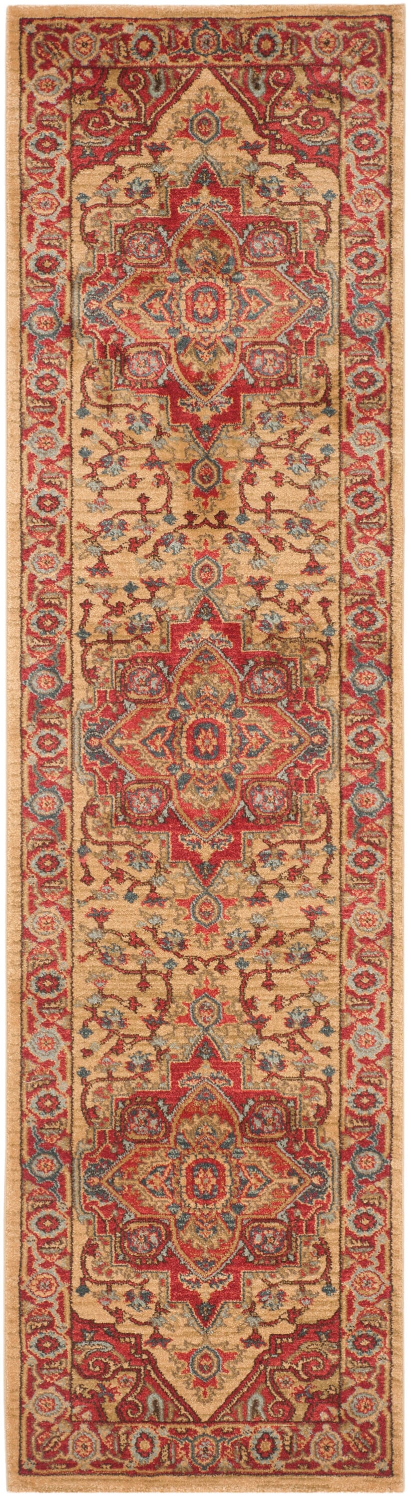 Elegant Red & Natural Synthetic 2'2" x 12' Hand-Knotted Runner Rug