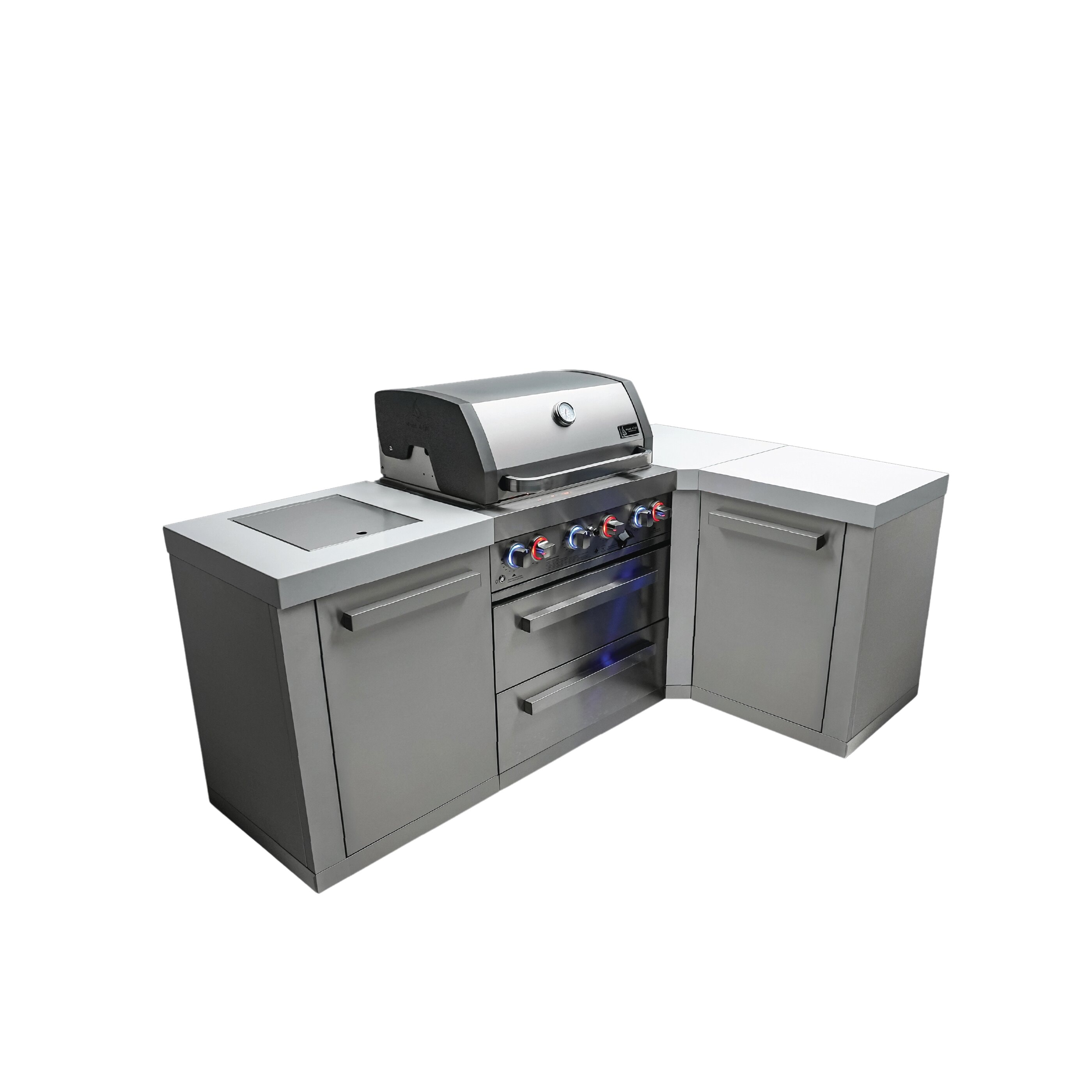 Mont Alpi Mont Alpi 400 Original Series Modular Outdoor Kitchen Islands 82-in W Modular Outdoor Kitchen Grill island with 6 -Burners Gas Grill, Stainless steel White Granite Countertops / Stainless Steel Grill Island Slab Door