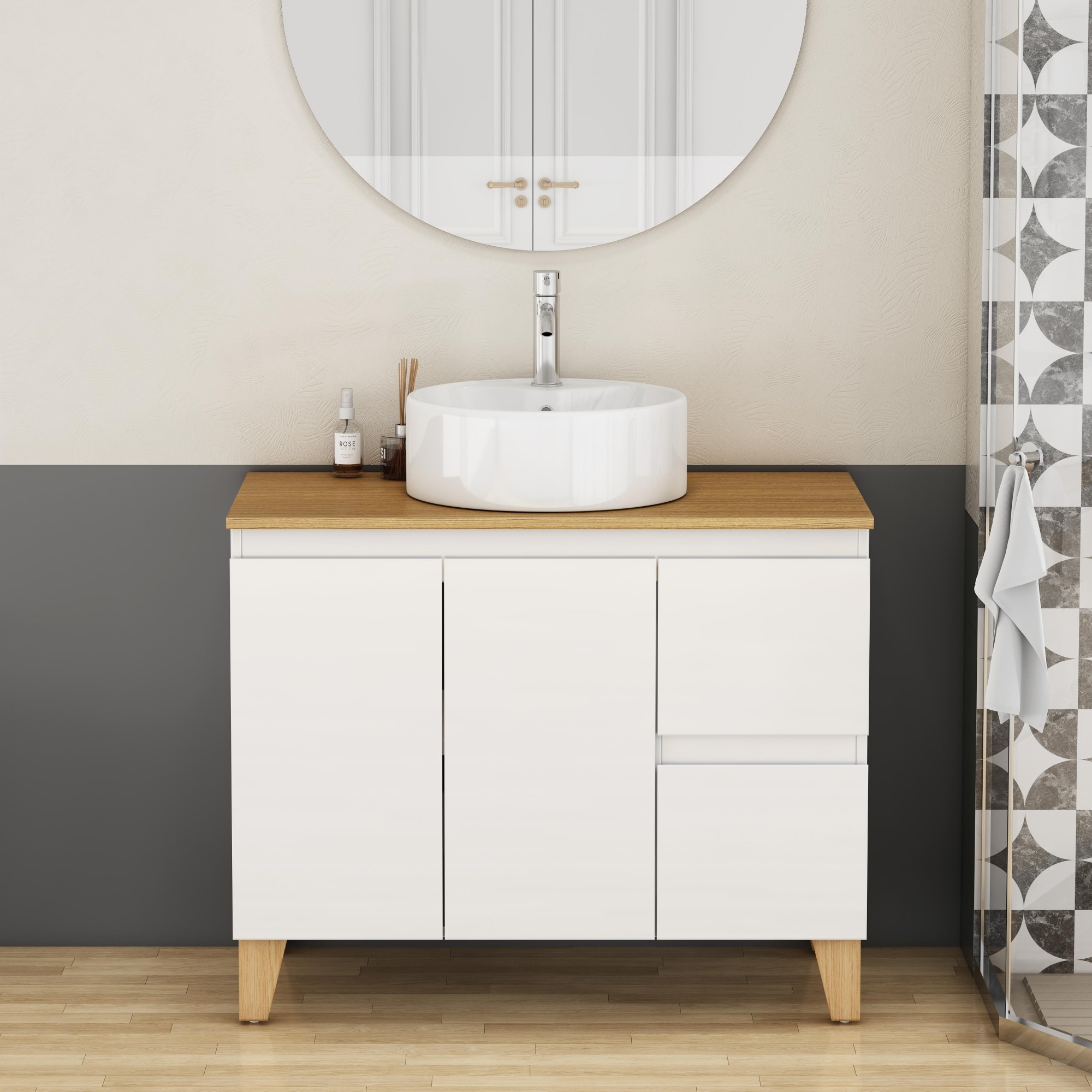 Lirago 36 inch Modern Bathroom Vanity with Sink Combo 2 Doors and 2 Big Drawer Soft-Clost System Handle-Free Design Natural Solid Wood Top and Feet Round Ceramic Basin On the Countertop Glossy White #FXL20607-607A89