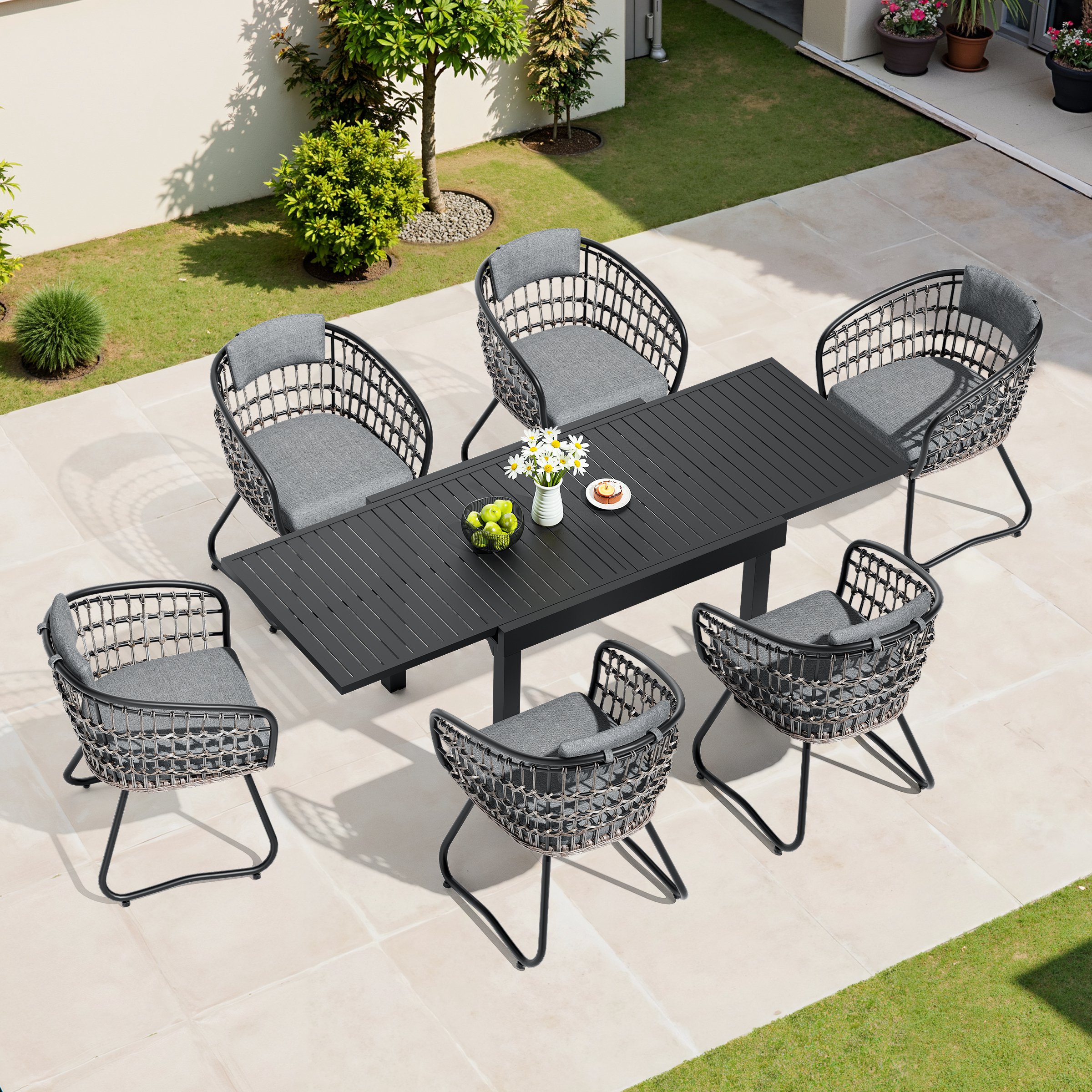 Crestlive Products - 7 -Piece 82.68"-6 seat Rattan Patio Dining Set Extendable Table Aluminum Rec...